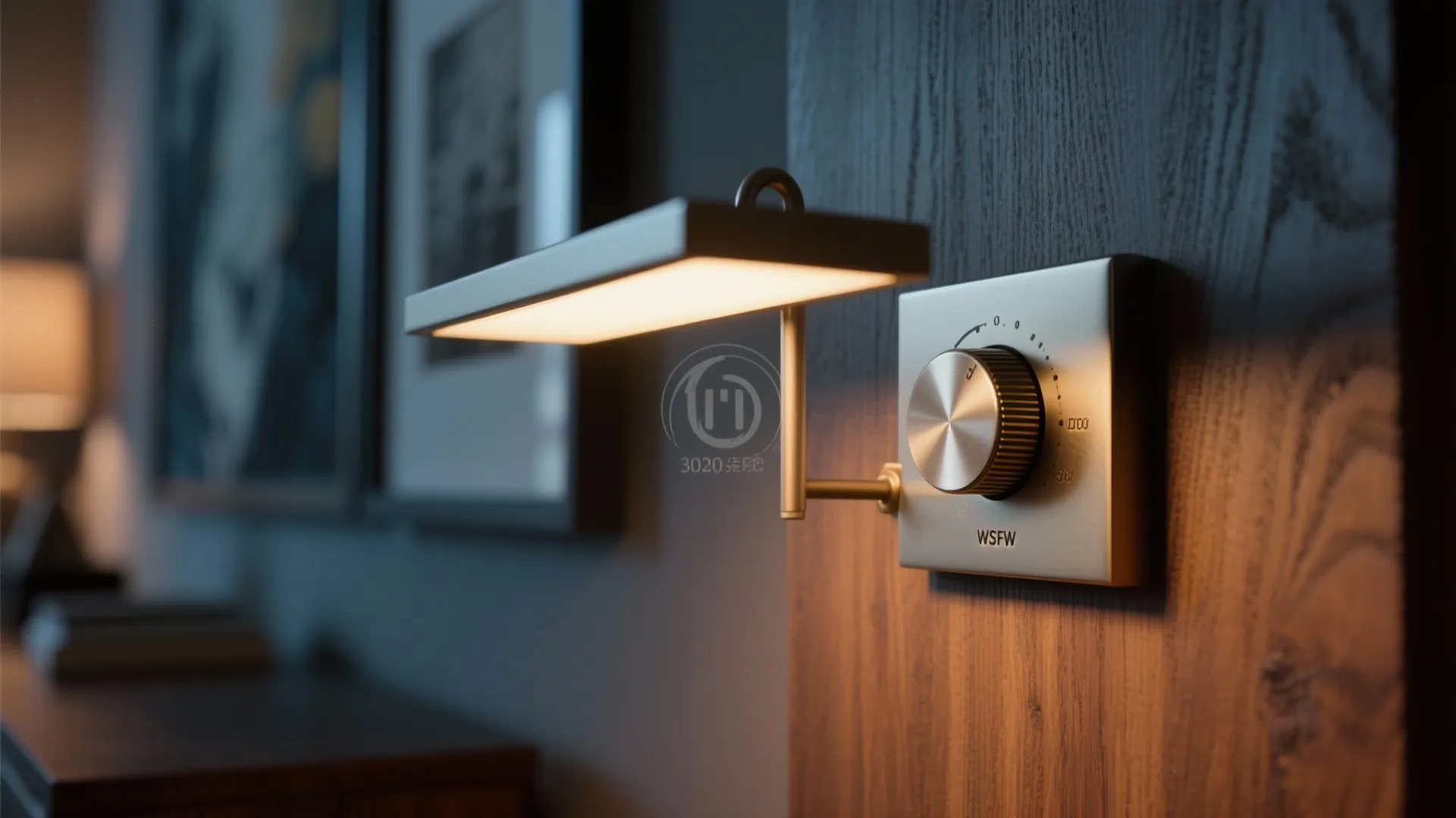 Macro of a picture light casting warm dim glow that grazes wood and highlights art texture.