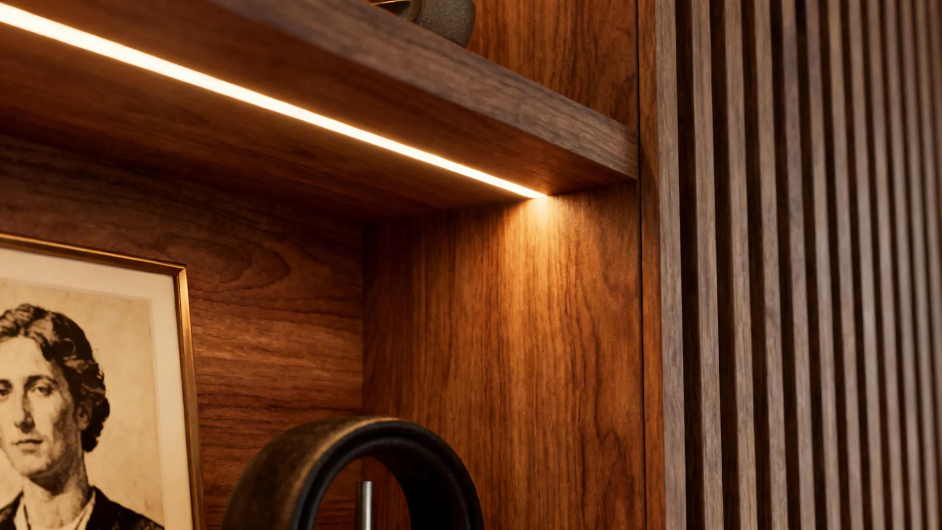 Close-up of warm LED strip lighting on wooden shelving highlighting artwork.