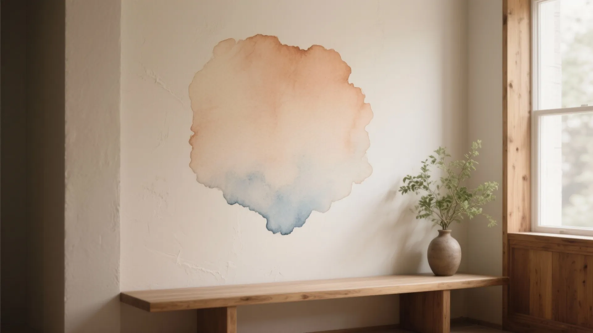 Minimalist room with orange and blue watercolor wall art above wooden bench and small green plant