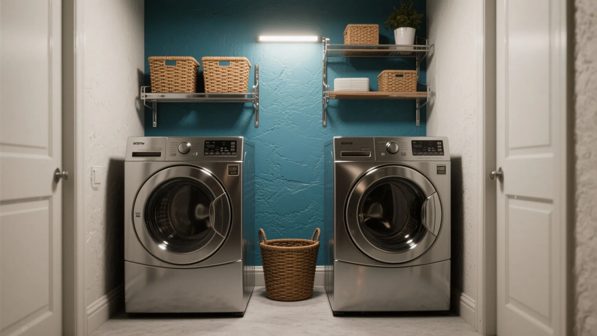 Modern laundry room featuring two silver washing machines beneath blue textured walls and wooden storage shelves