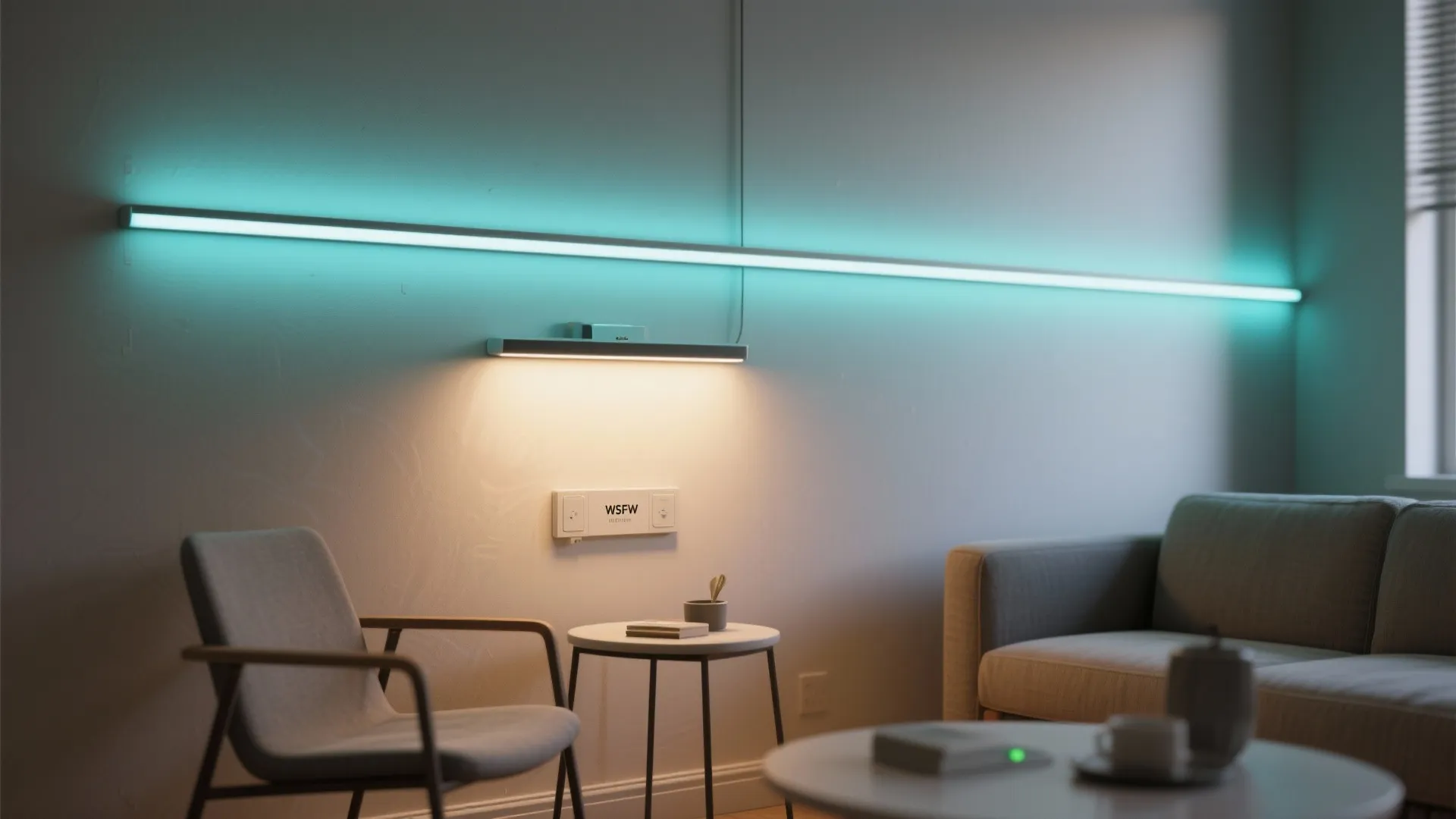 Modern living room featuring cyan wall light strip, grey sofa, small round table, and chair