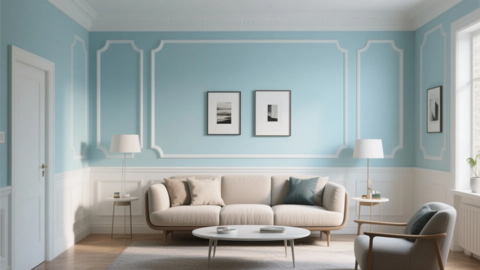 Blue living room with white wall panel, beige sofa, round coffee table, and table lamps