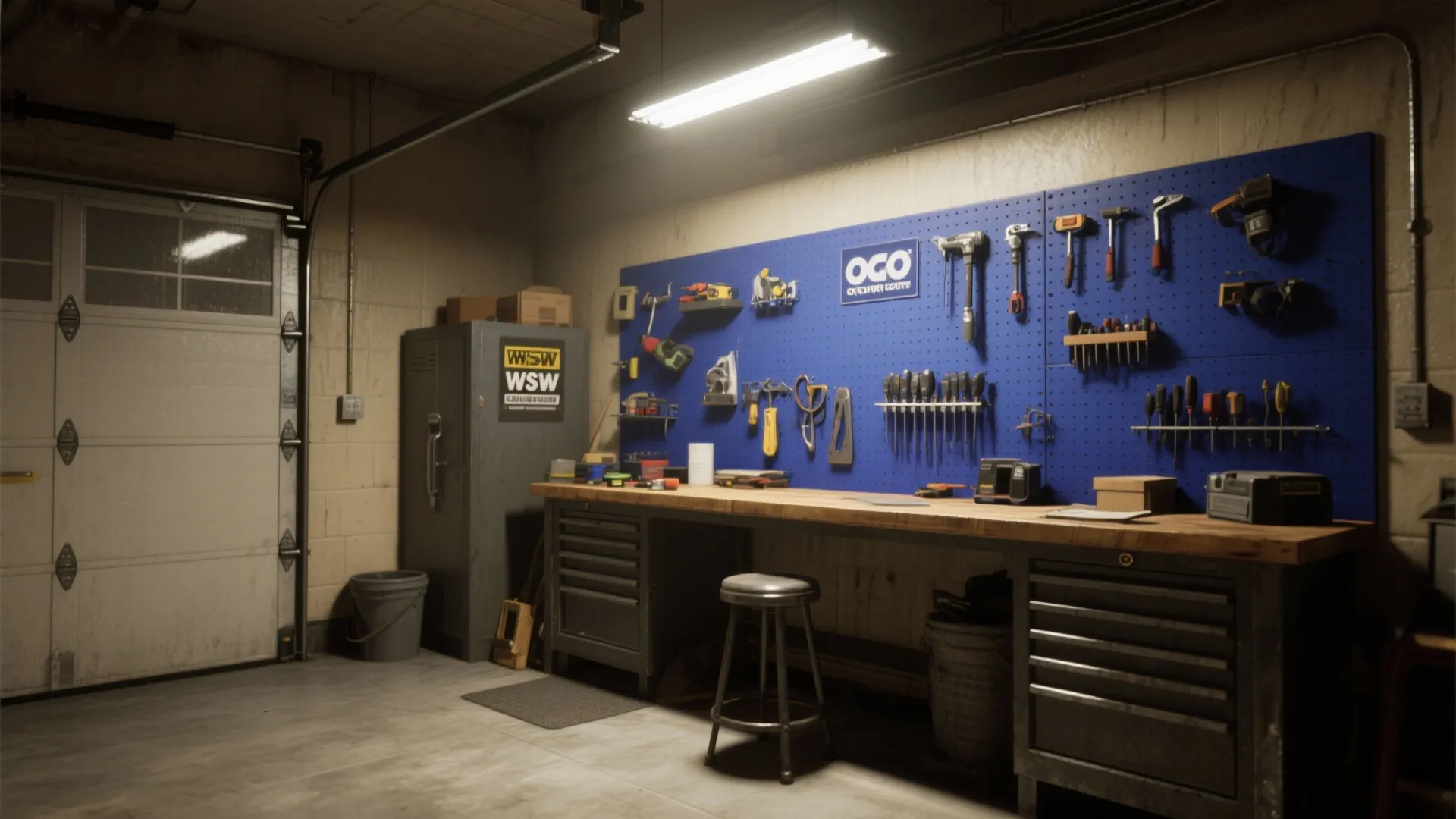 Garage work zone with a bold navy accent wall, pegboard tool storage, and bright overhead task lighting.