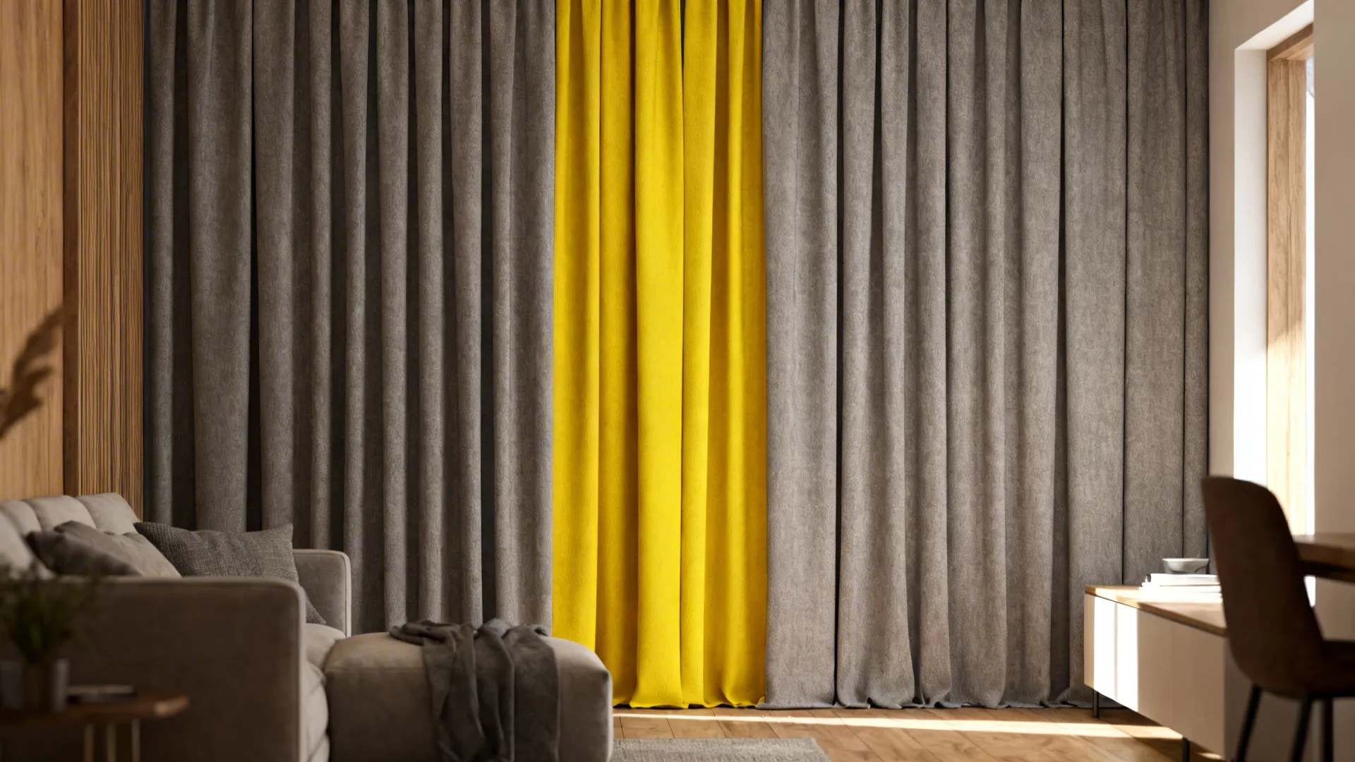 Rental living room with gray curtains and a single yellow accent panel creating intentional asymmetry.