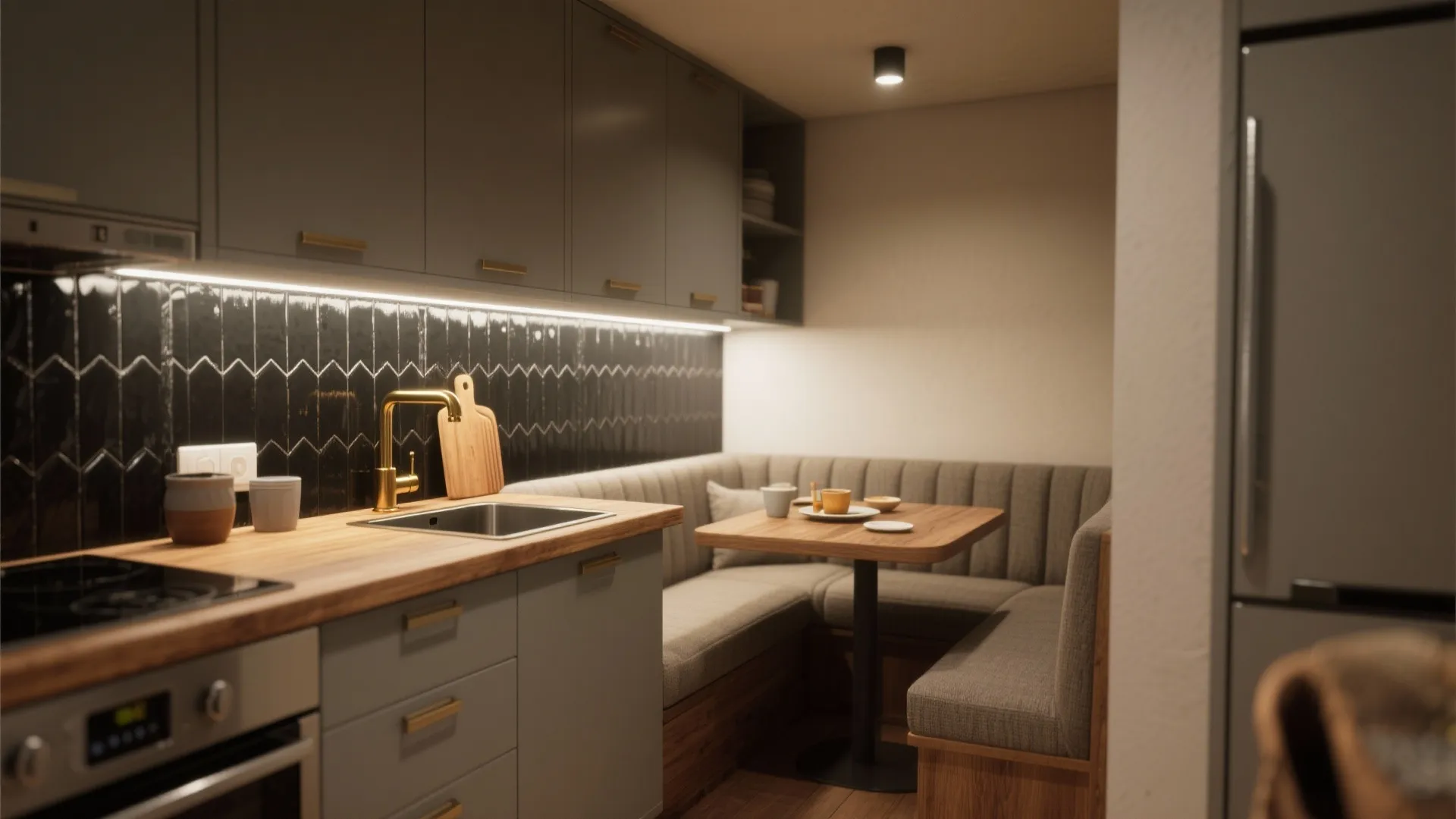 Kitchen alcove with a black-and-white backsplash, wood countertop and brass fixtures under warm lighting.