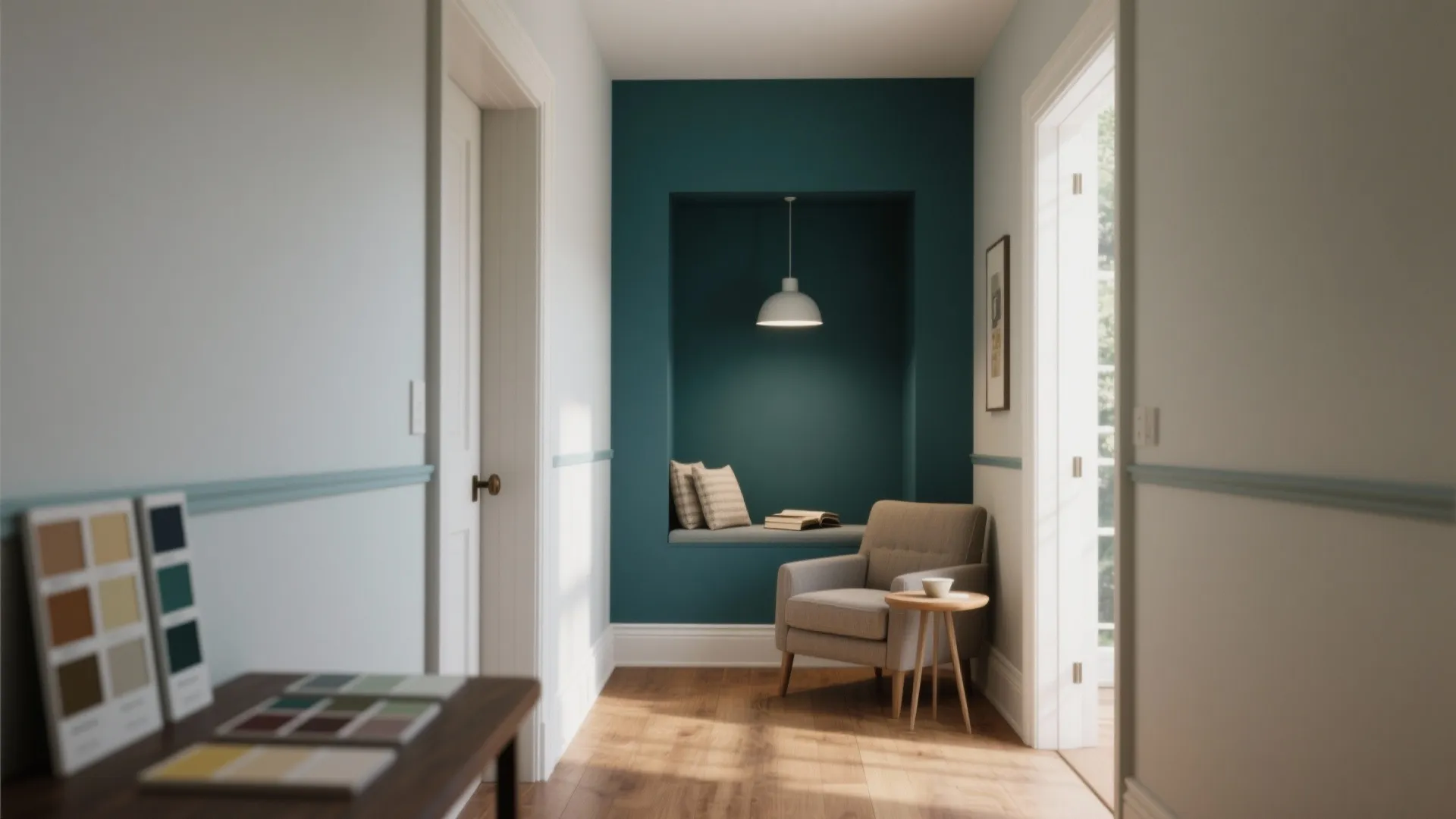 Narrow hallway with teal accent wall reading nook grey armchair small side table and wooden floor