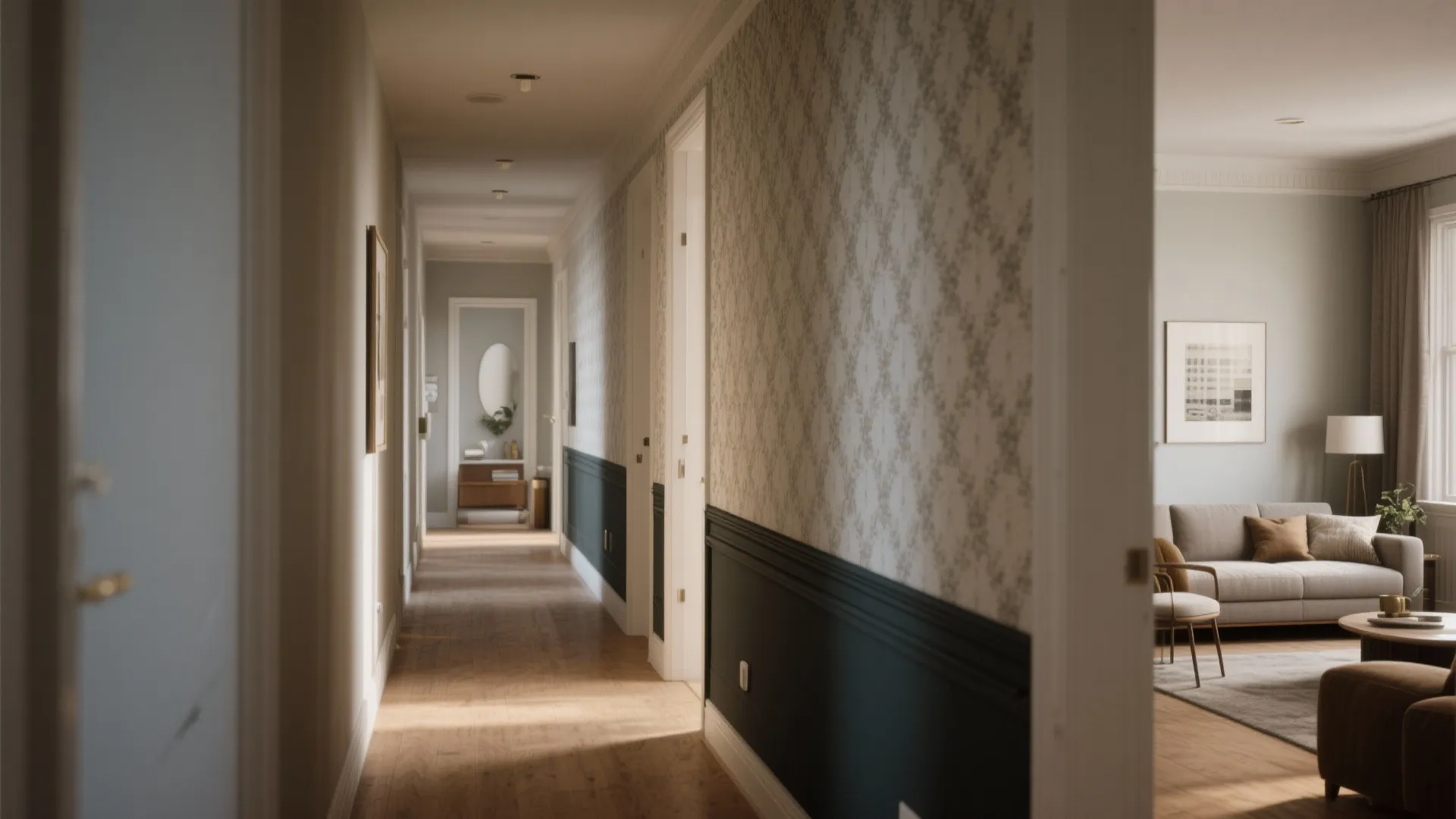 Long hallway featuring dark wall panel and patterned wallpaper leading to a bright modern living room
