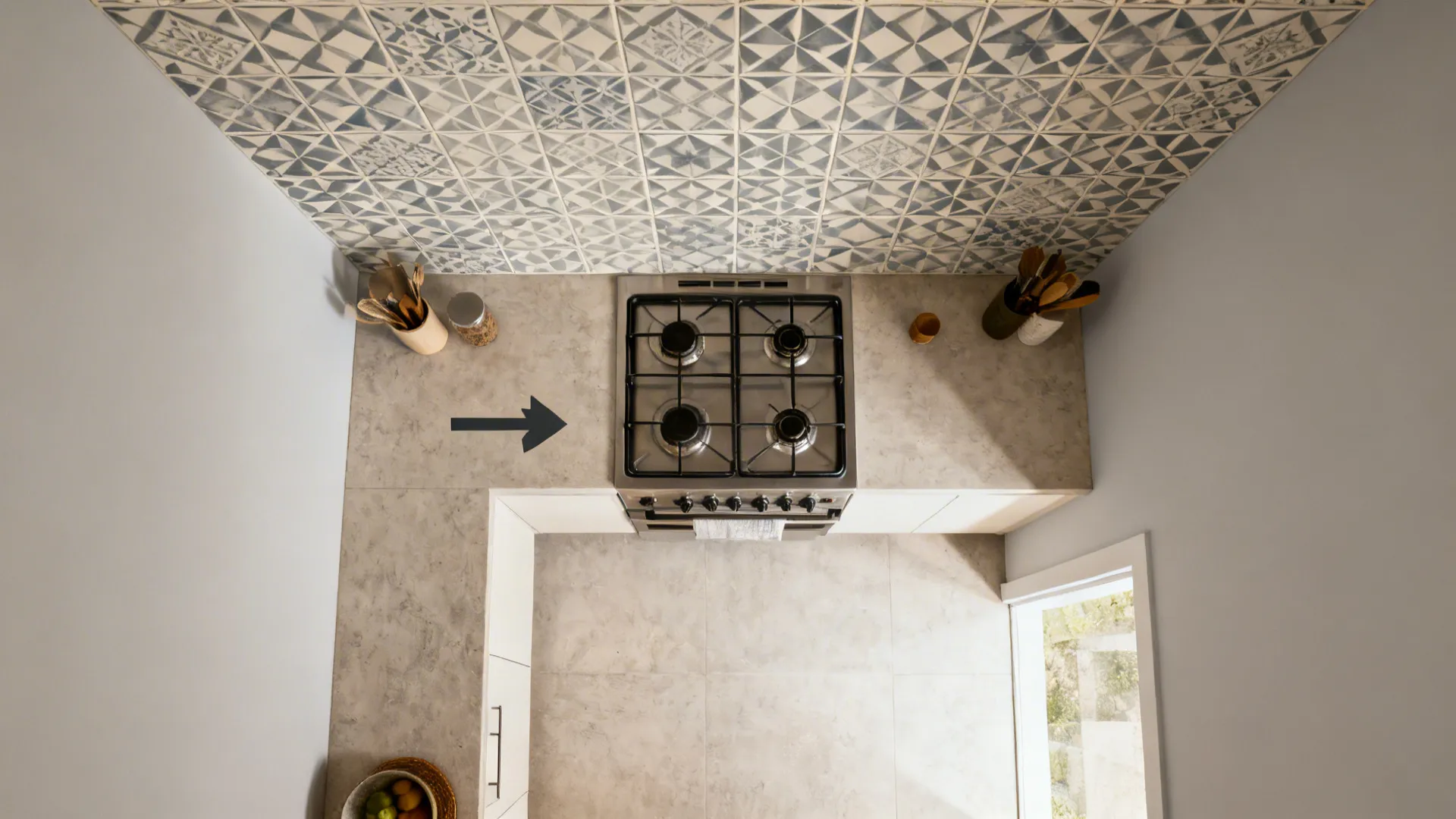 Top-down visualization of a compact kitchen showing a single patterned accent wall zone.