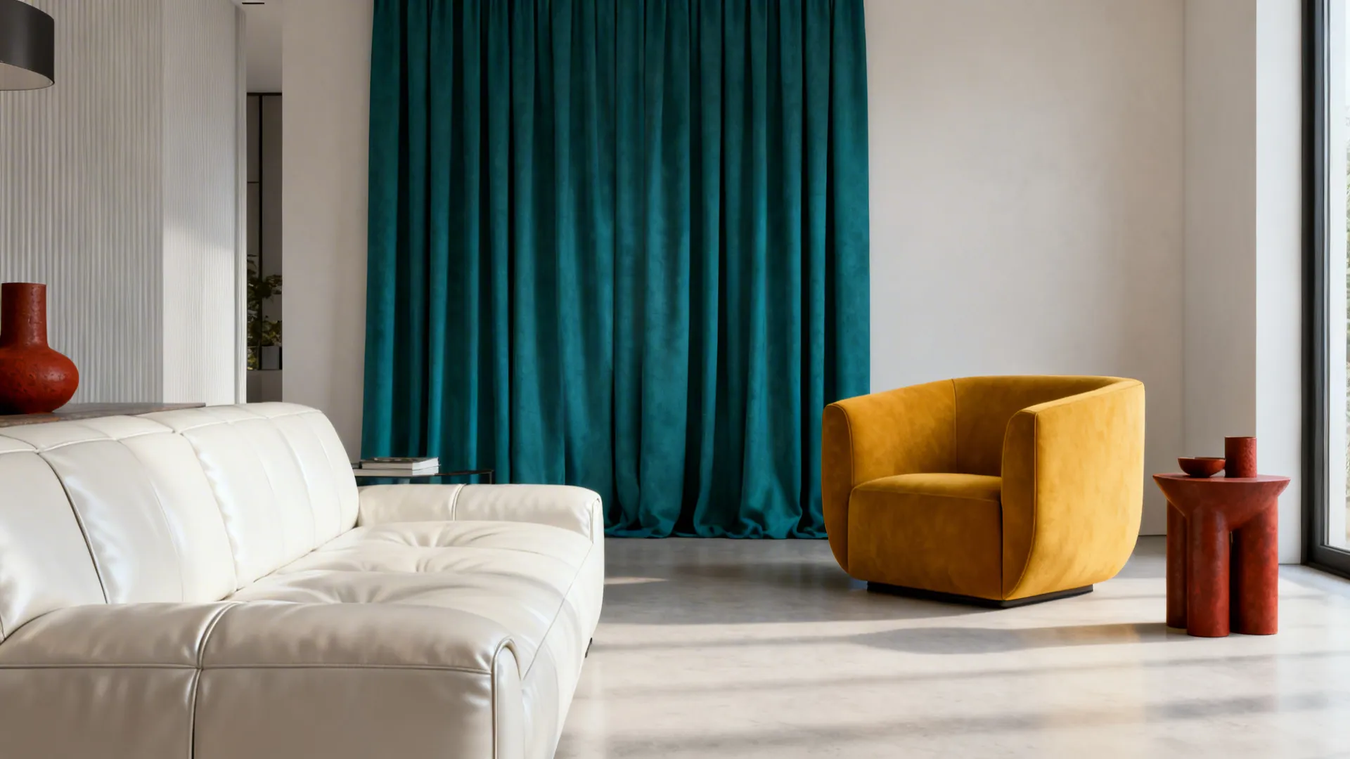 Open-plan living area with a white leather sofa and mustard accent chair defining the living zone.