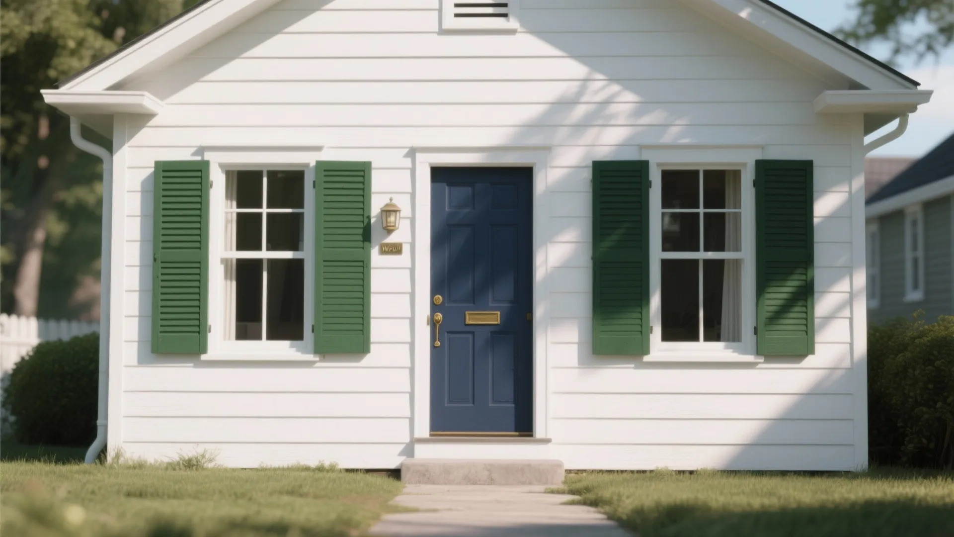 White house front view with blue door green window shutters and green grass lawn path