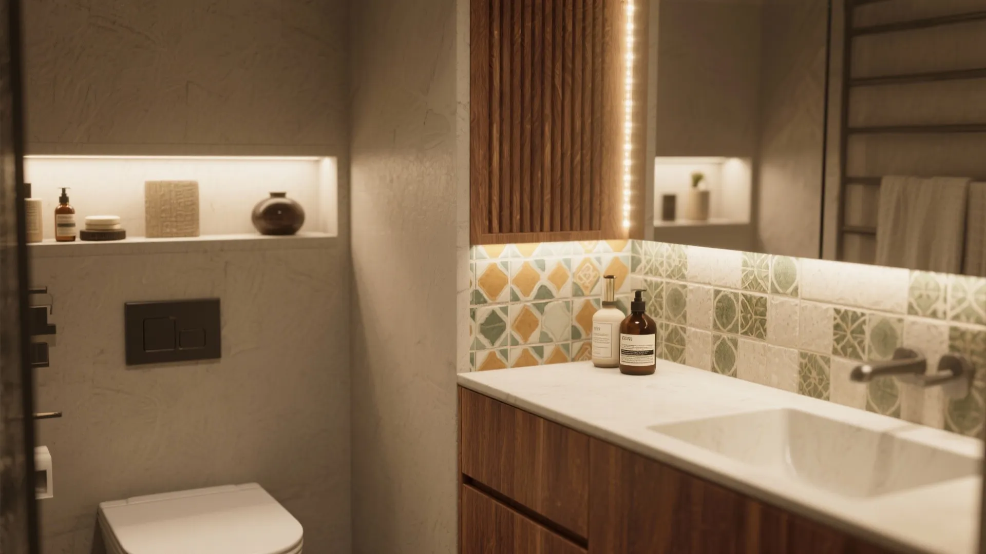 Small bathroom corner featuring a wooden cabinet sink with colorful tiles mirror and white toilet seat