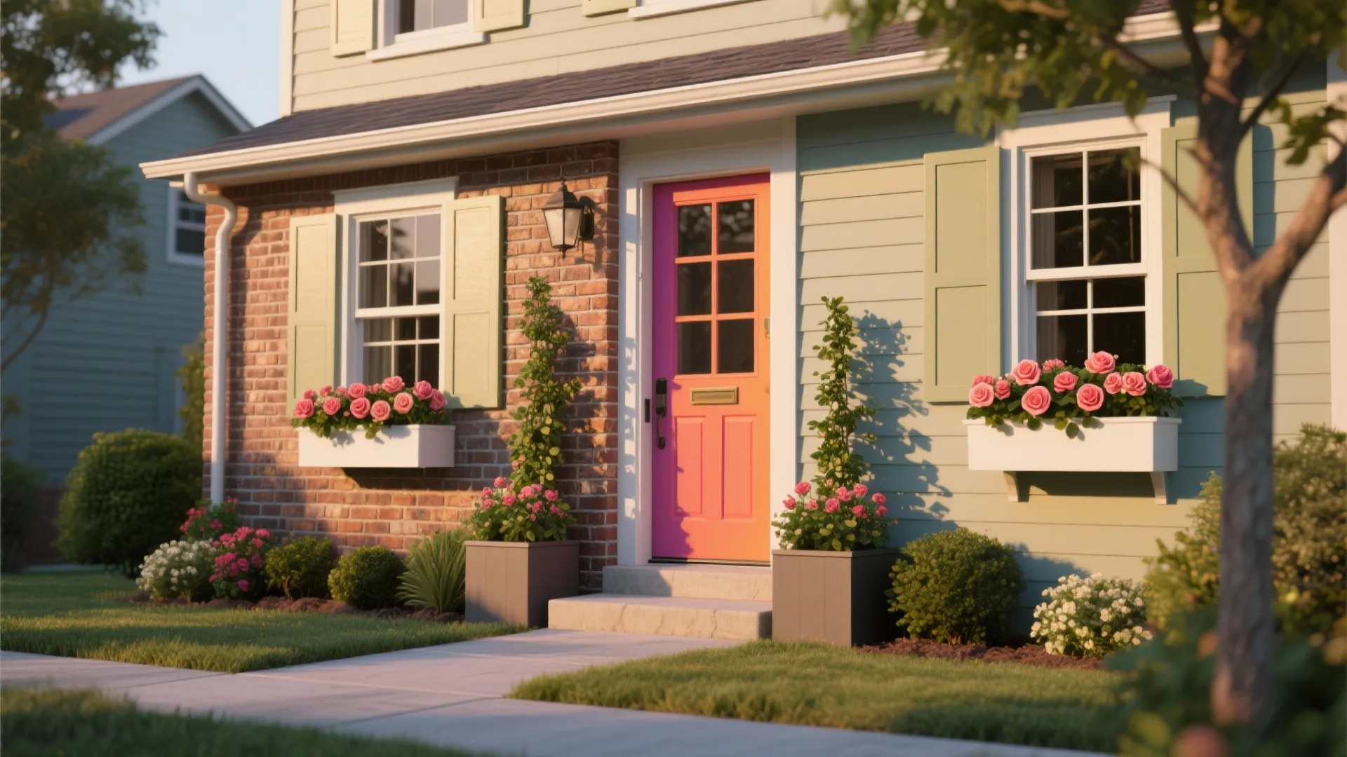 Bright pink front door of a suburban house with flower boxes under windows and green shutters