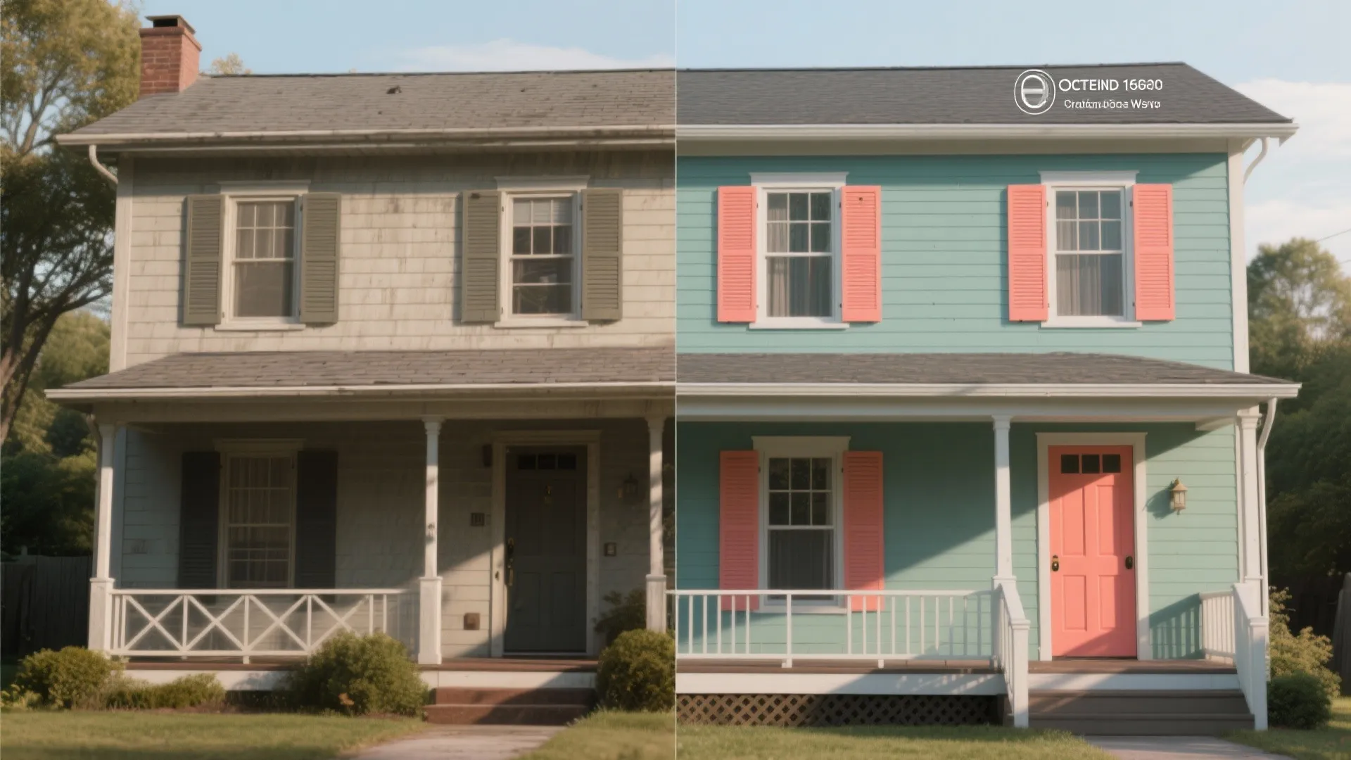 Before and after comparison of a house exterior from dull grey to bright blue and pink