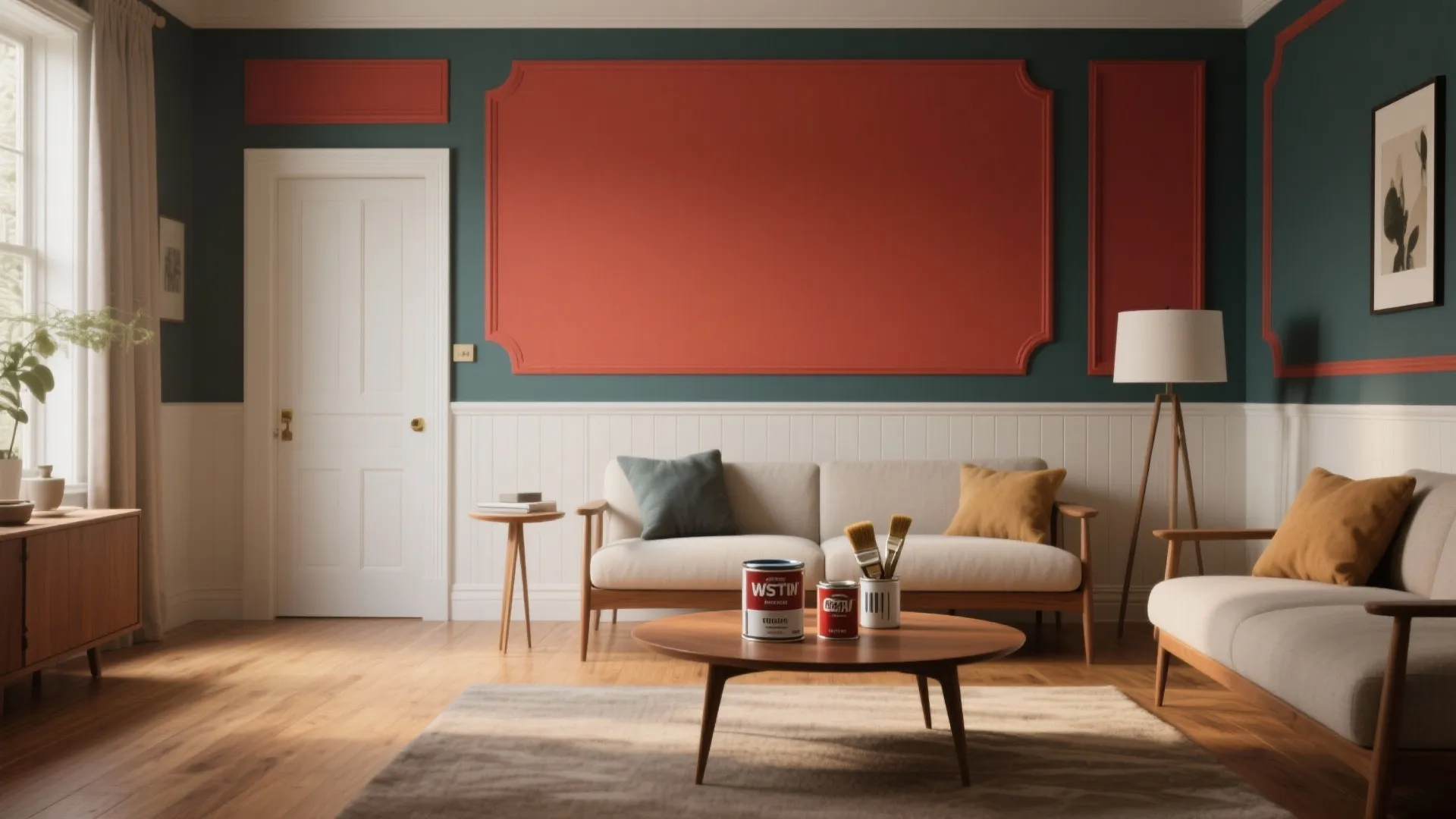 Living room showing an accent wall, wainscoting and painted trim to illustrate reducing main paint area.