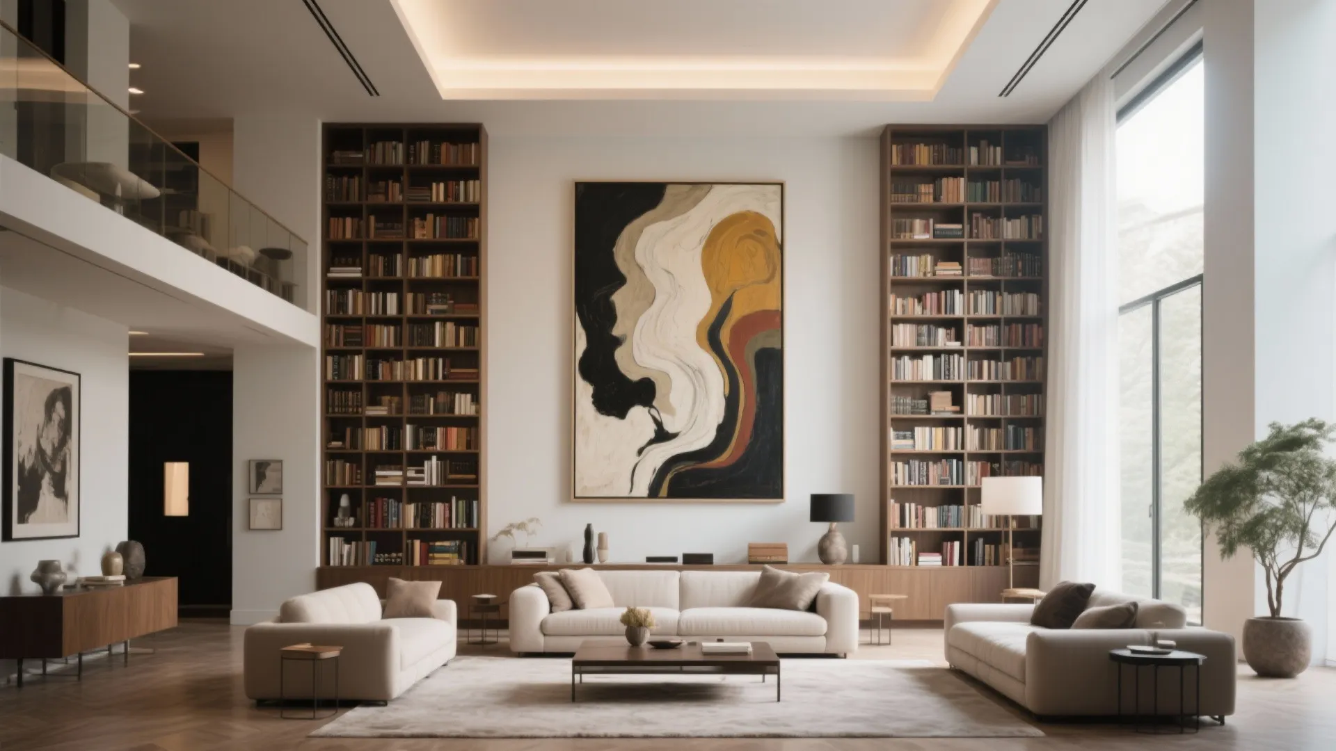 Modern high ceiling living room with tall bookcases, large wall art, white sofas and windows