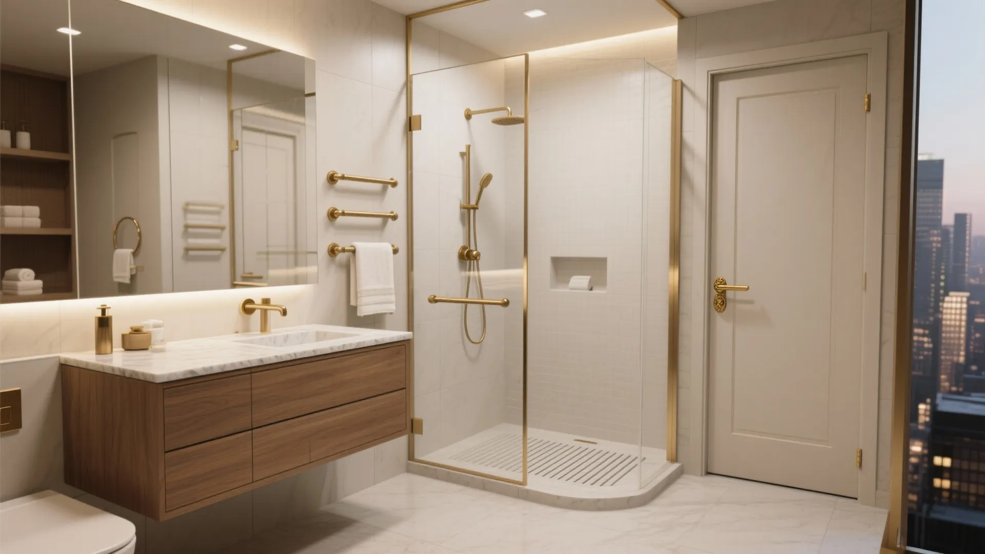 Modern bathroom with walk-in shower, wooden cabinet, white marble countertop, gold fixtures, and city view