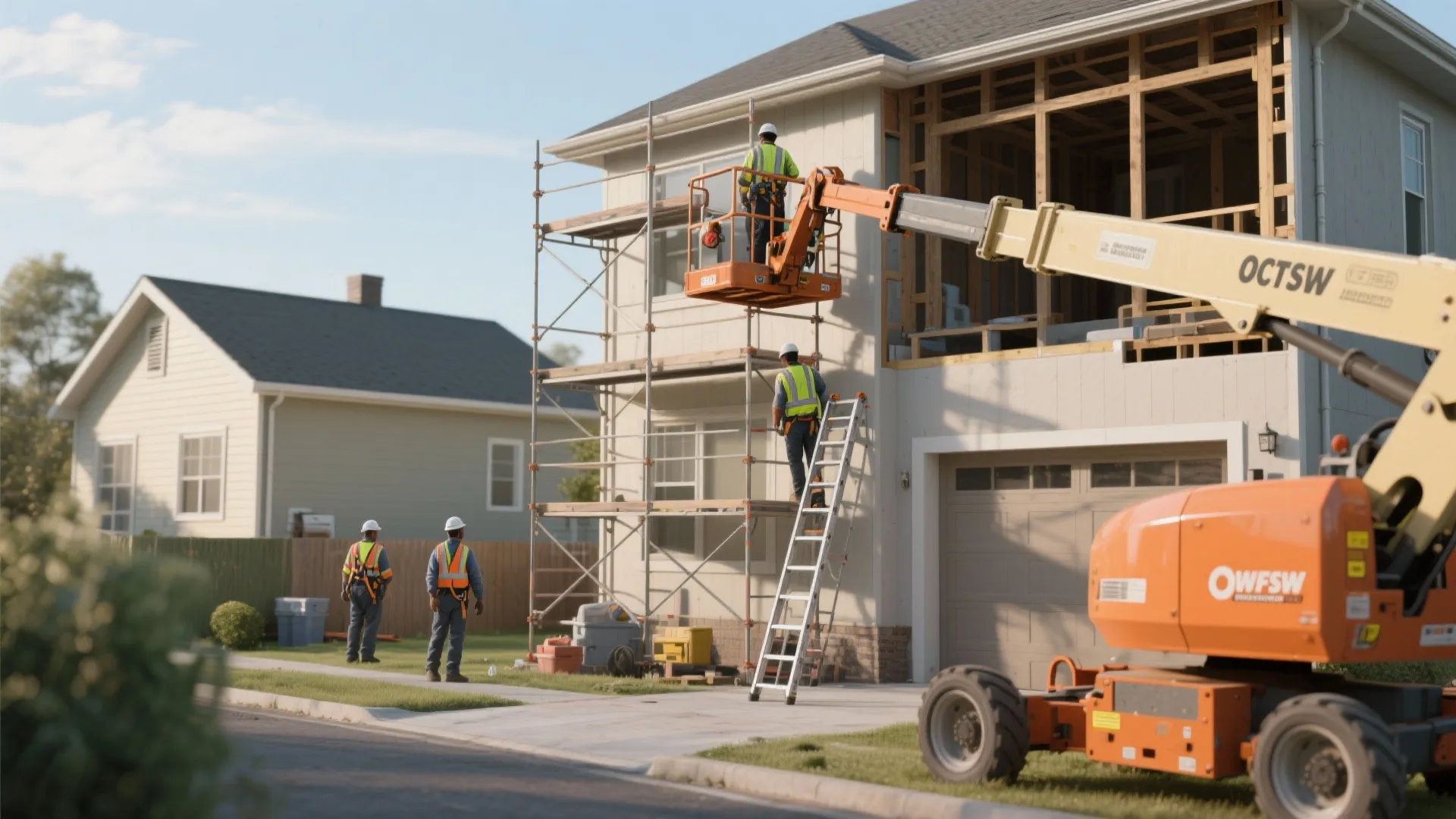 Construction workers using a cherry picker and metal scaffolding to work on a house exterior