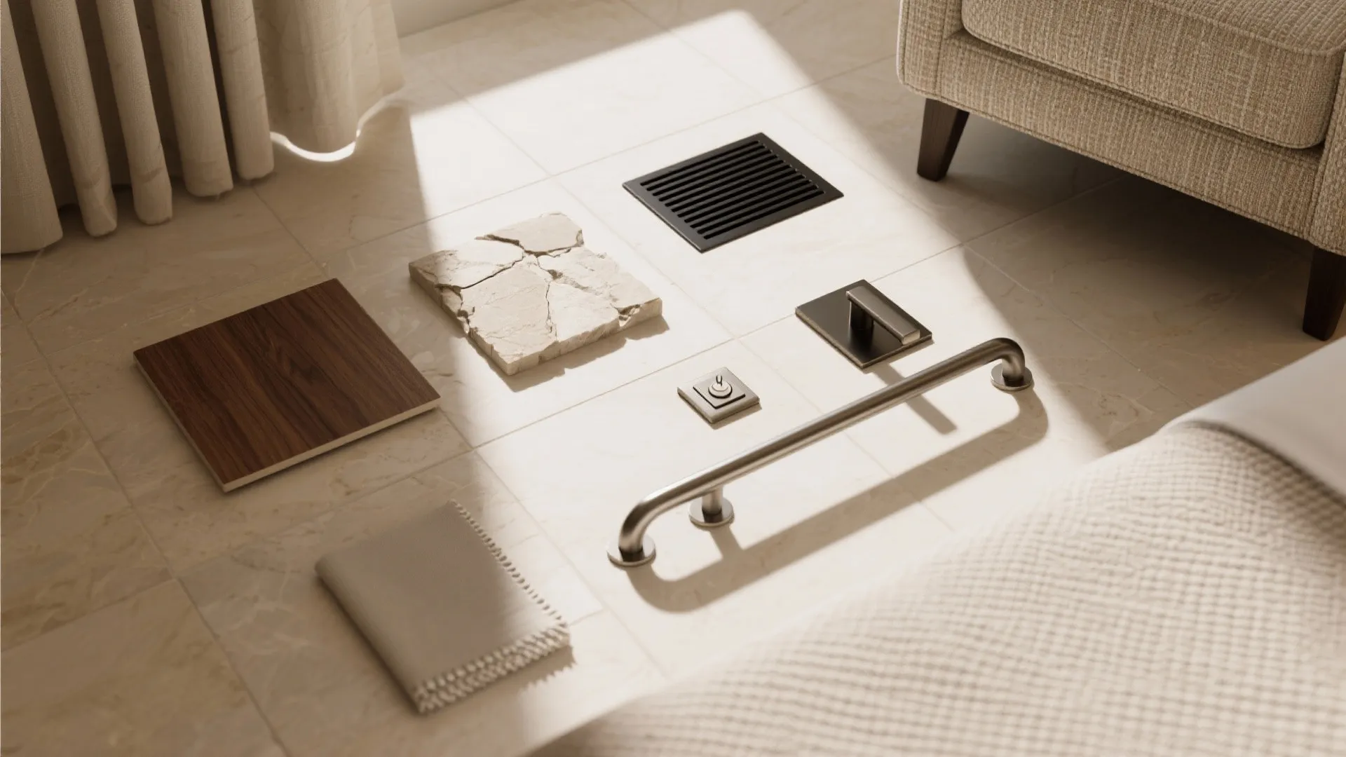 Interior design material samples including wood tile stone tile metal handle and black vent on floor
