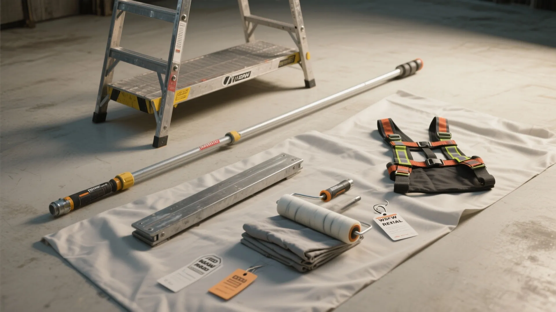 Flatlay of scaffold plank, platform ladder, extension pole, harness and painting tools on a neutral floor.