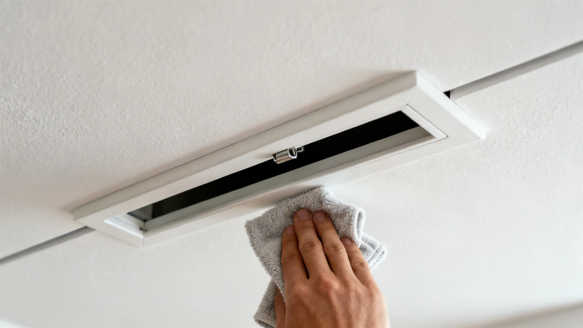 Macro of discreet gypsum ceiling access panel within a shadow gap being cleaned.
