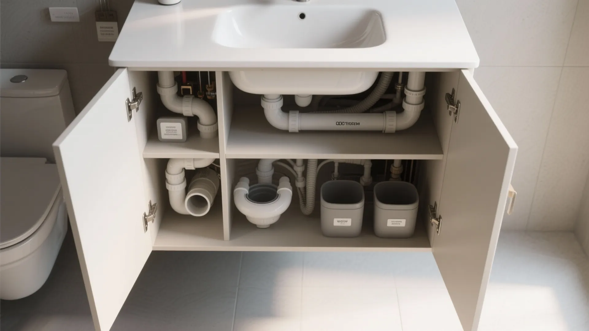 Open white cabinet under bathroom sink showing white plumbing pipes and two grey plastic bins