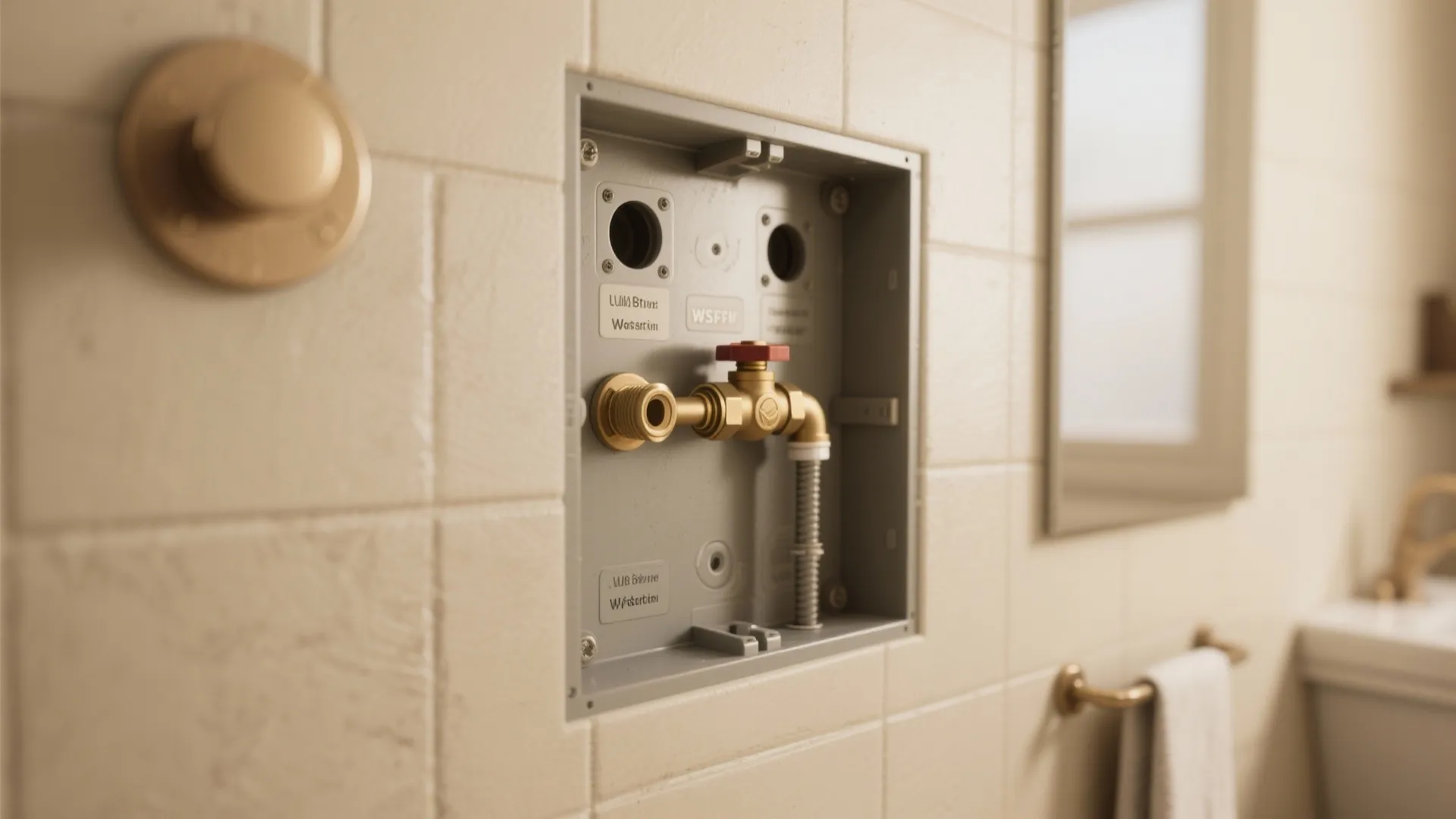 Recessed access panel with shutoff valves and stub-outs for future plumbing.