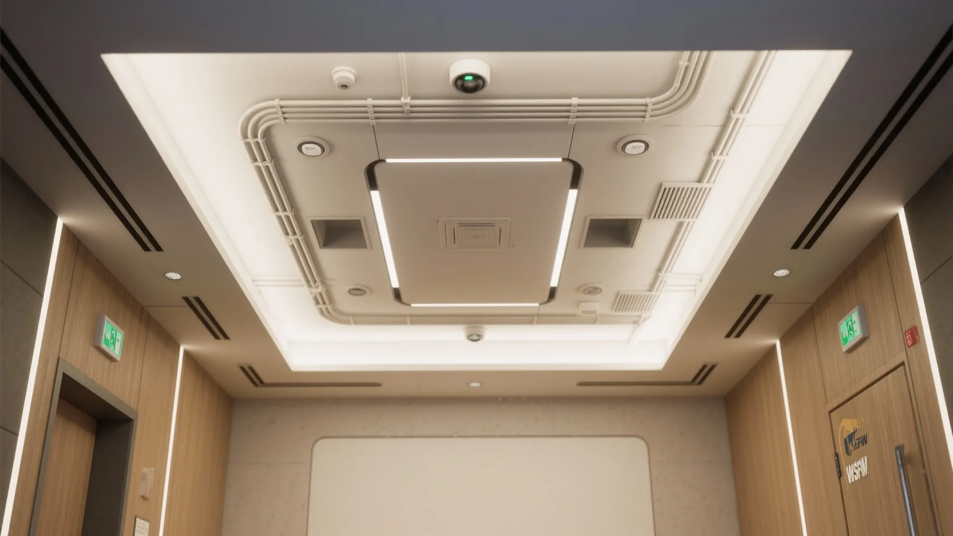 Modern ceiling with white panel lights security cameras and visible pipes in a wooden hallway