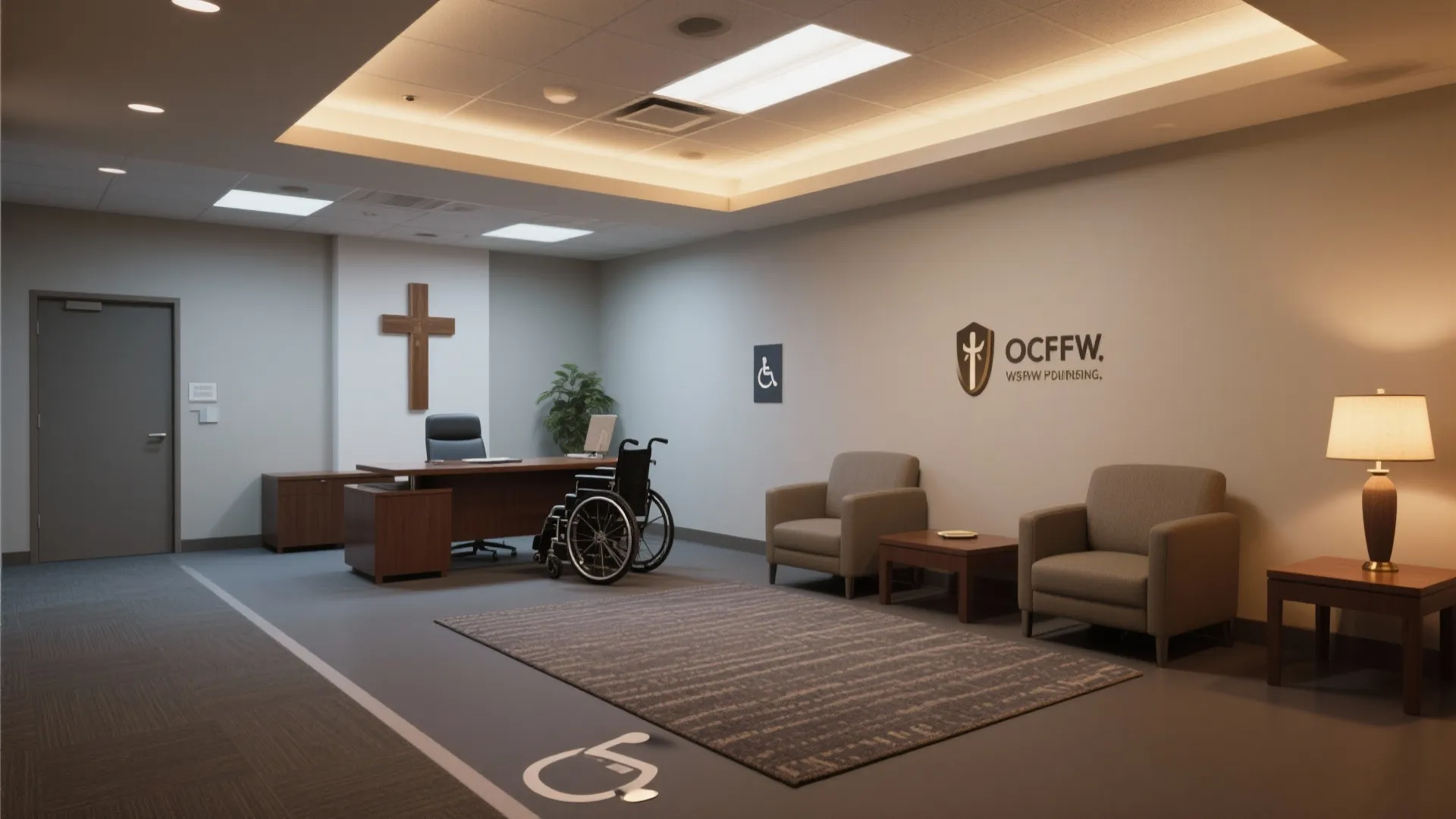Accessible office space with a wooden desk, wheelchair, two armchairs, rug, and a wall cross