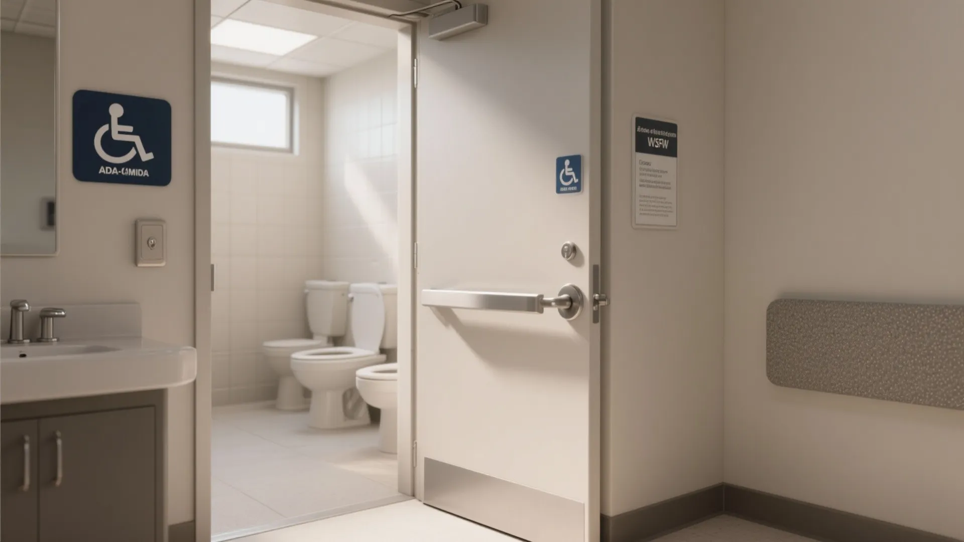 Open white door to a public bathroom with toilets and a blue handicap accessibility sign