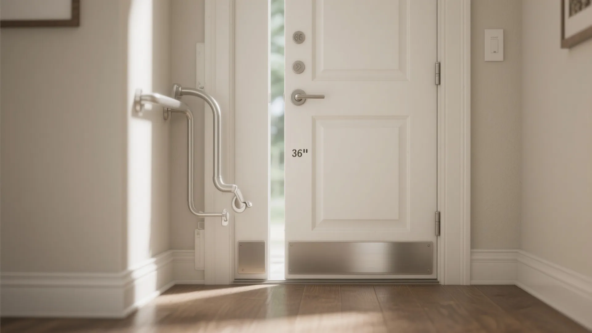 Accessible white door with metal handrails metal kick plate and wide thirty six inch opening