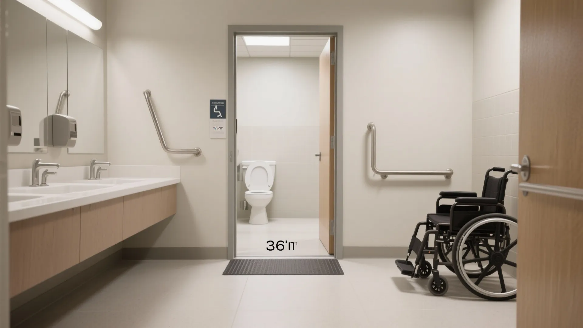 Accessible bathroom with wide door for wheelchair metal hand rails white sinks and large mirror