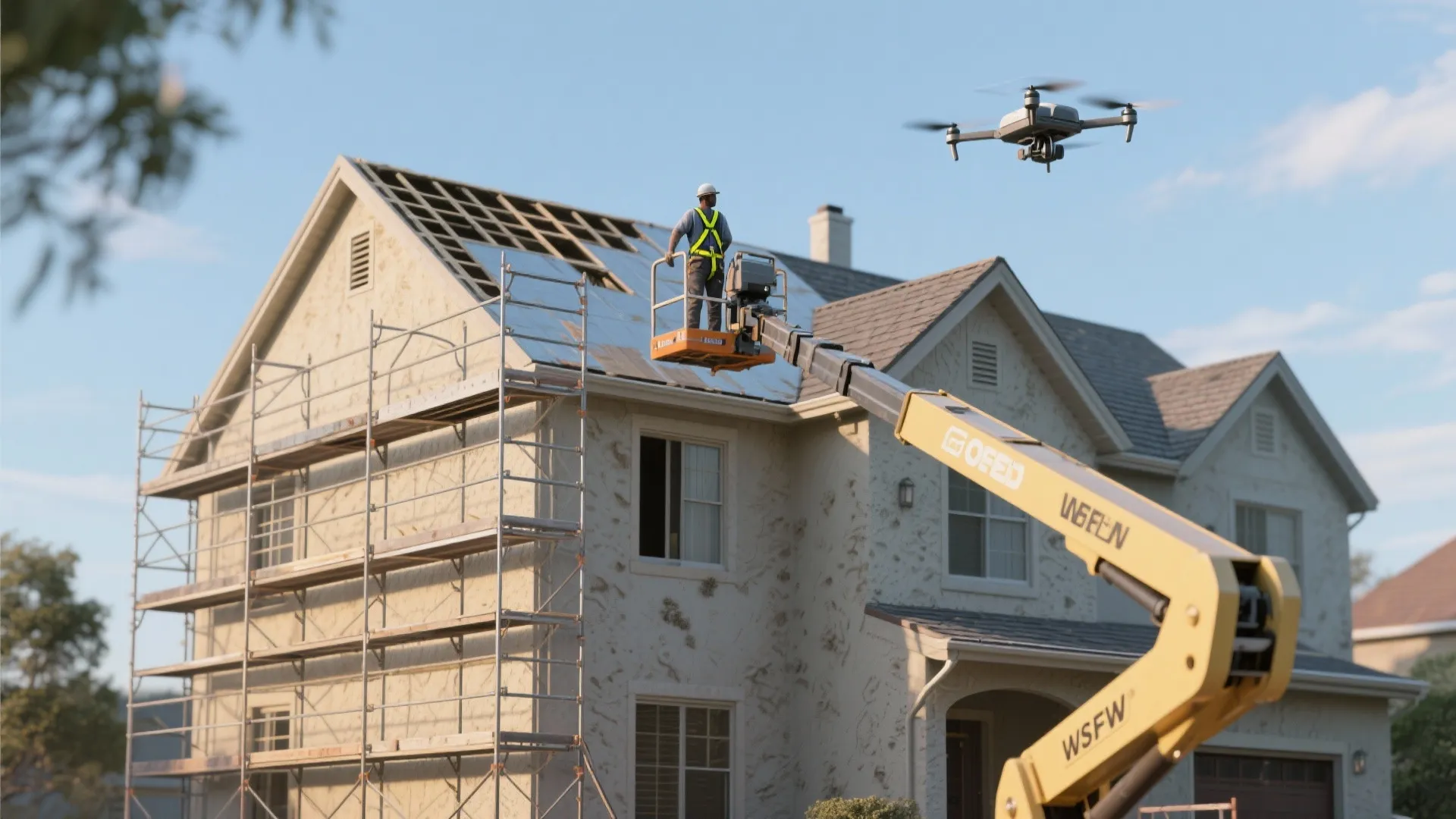 Two-story house with scaffolding, boom lift and drone demonstrating complex access for painting.