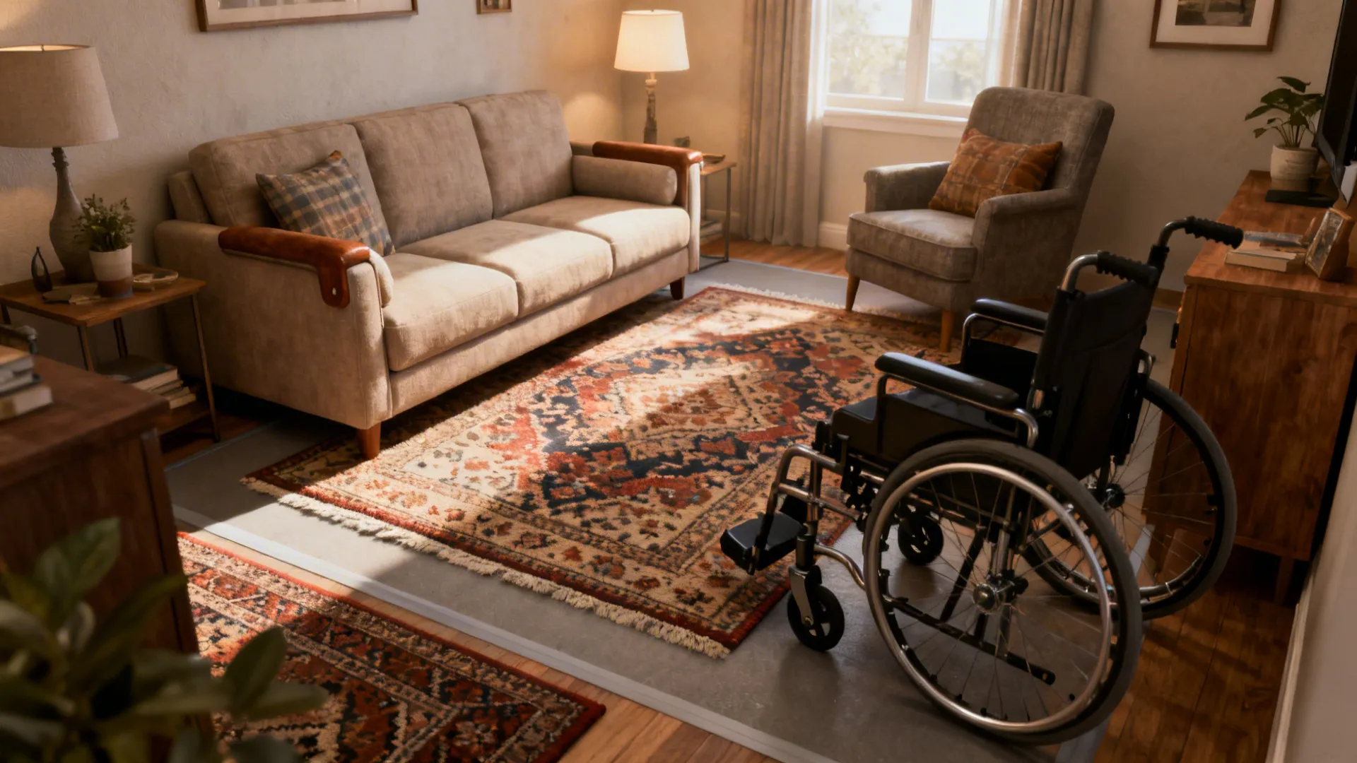 Warm living room with beige sofa, patterned rug, armchair, and a black wheelchair for accessibility