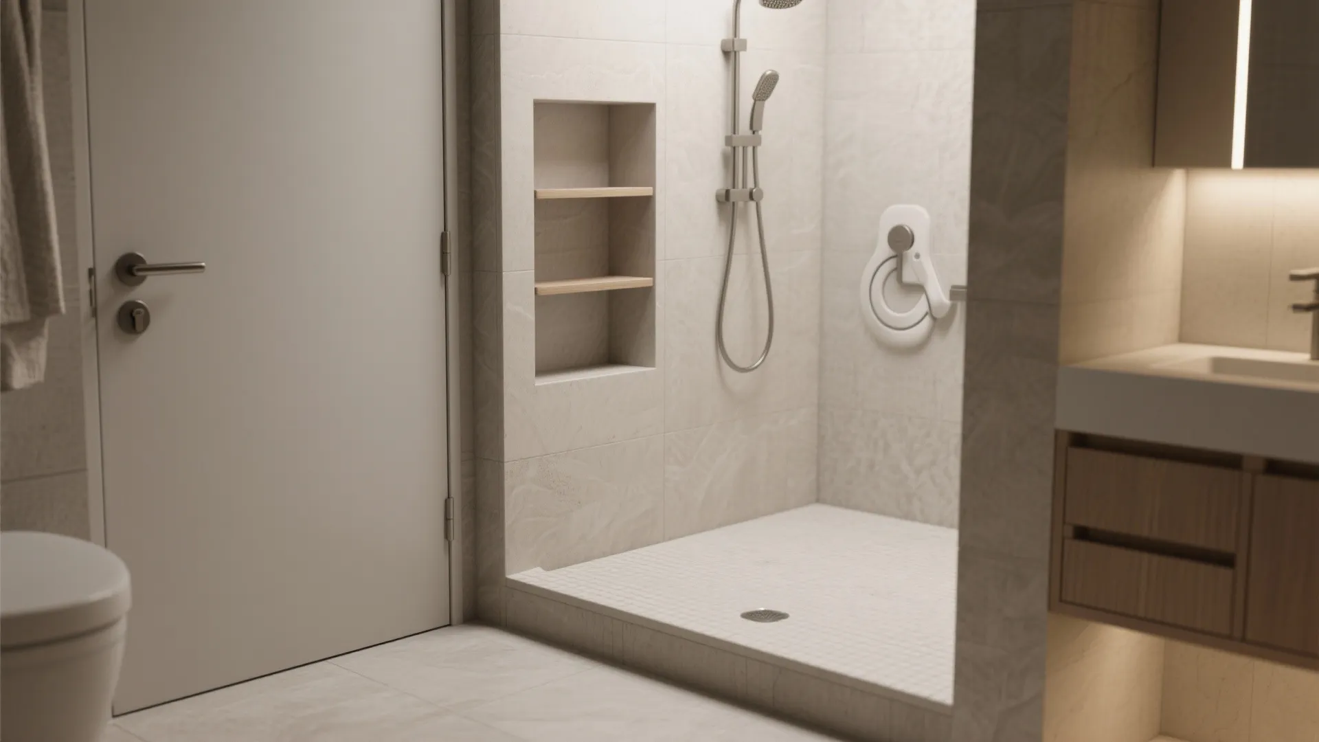 Modern walk in shower with built in wall shelves shower head and safety hand rail