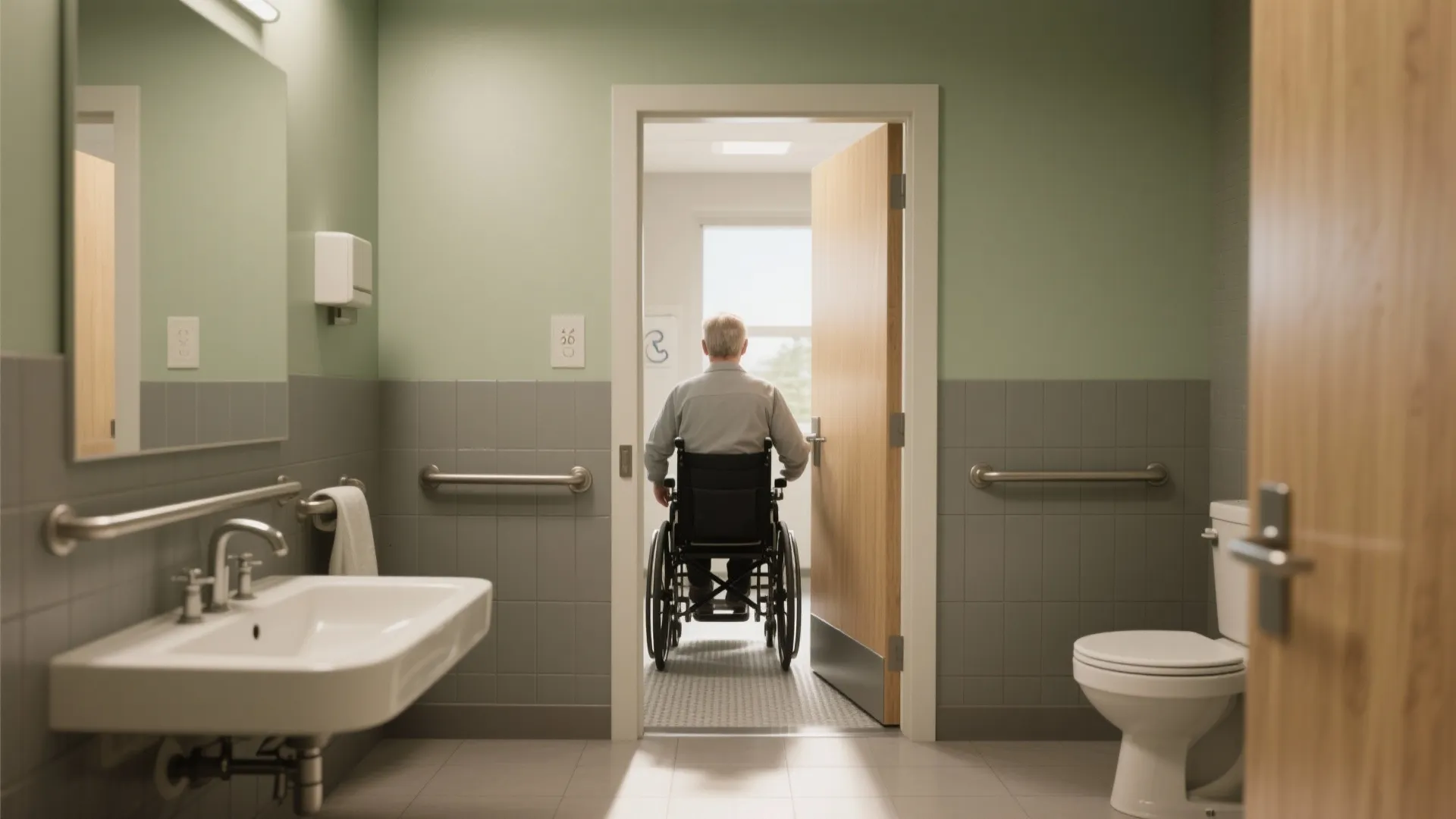Accessible ensuite with a 36-inch doorway and clear maneuvering space for a wheelchair user.