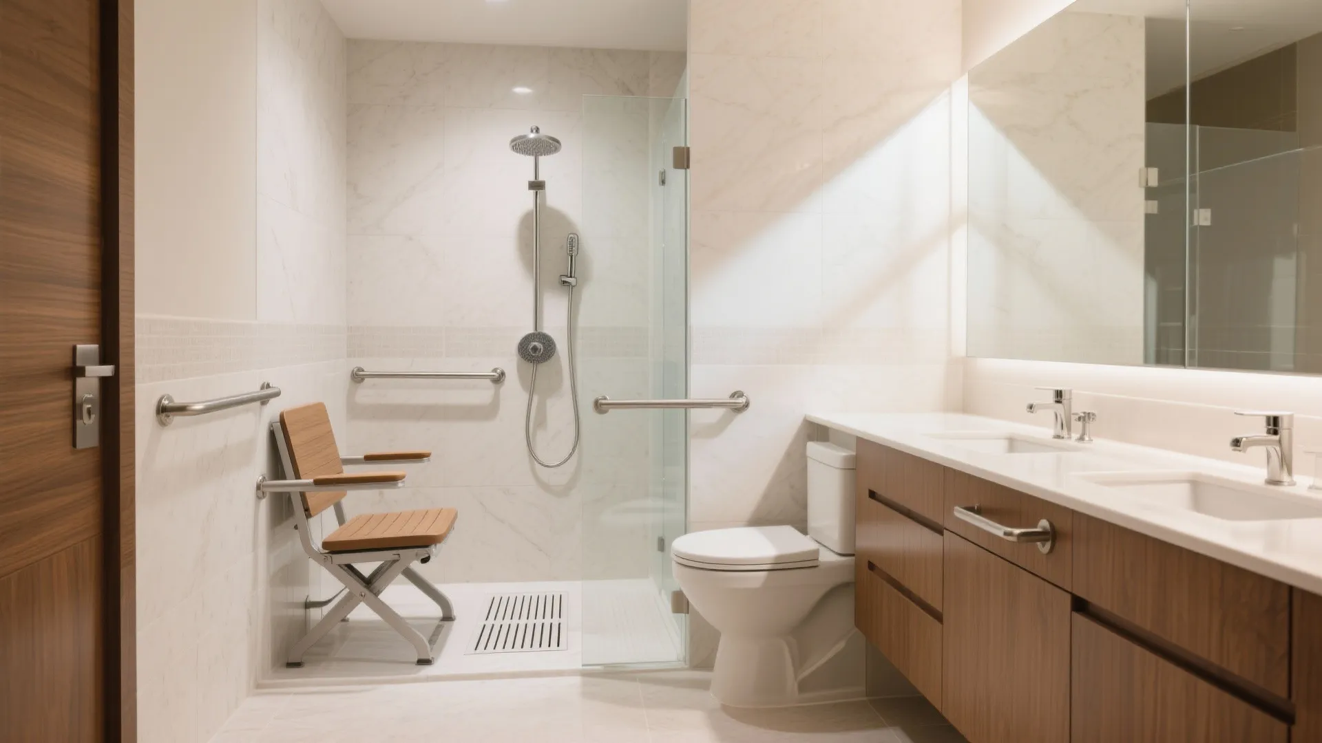 Modern bathroom featuring shower chair, grab bars, white toilet, wood cabinet, and double sink vanity