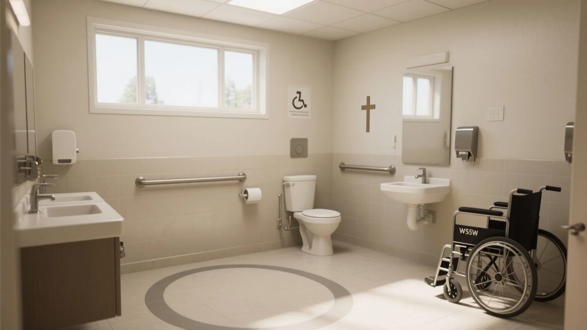 Accessible bathroom design featuring a toilet with metal grab bars and a wheelchair parked nearby