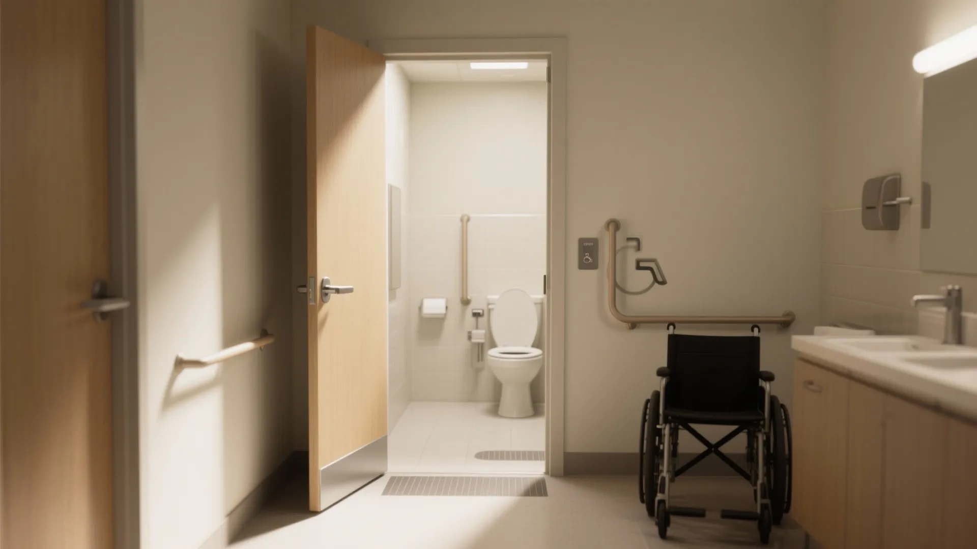 Accessible bathroom featuring a wheelchair grab bars wide open door toilet and a white sink