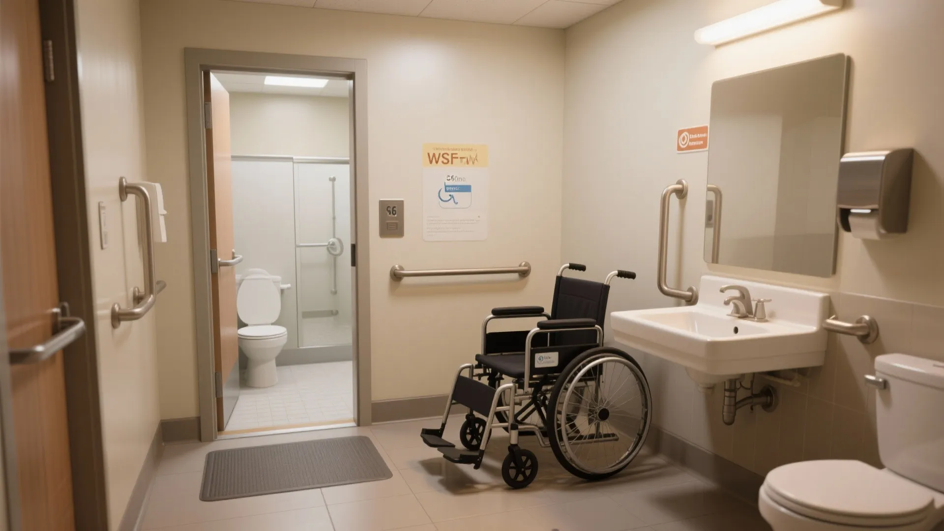 Accessible bathroom with wheelchair, white sink, wall grab bars, toilet, and an open door view