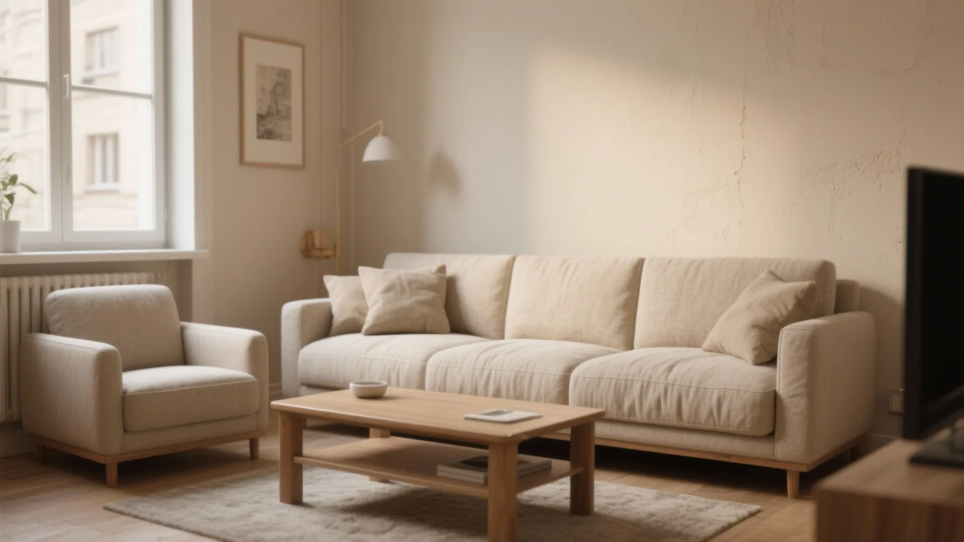 Minimalist living room with beige sofa armchair wooden coffee table rug and warm natural sun light