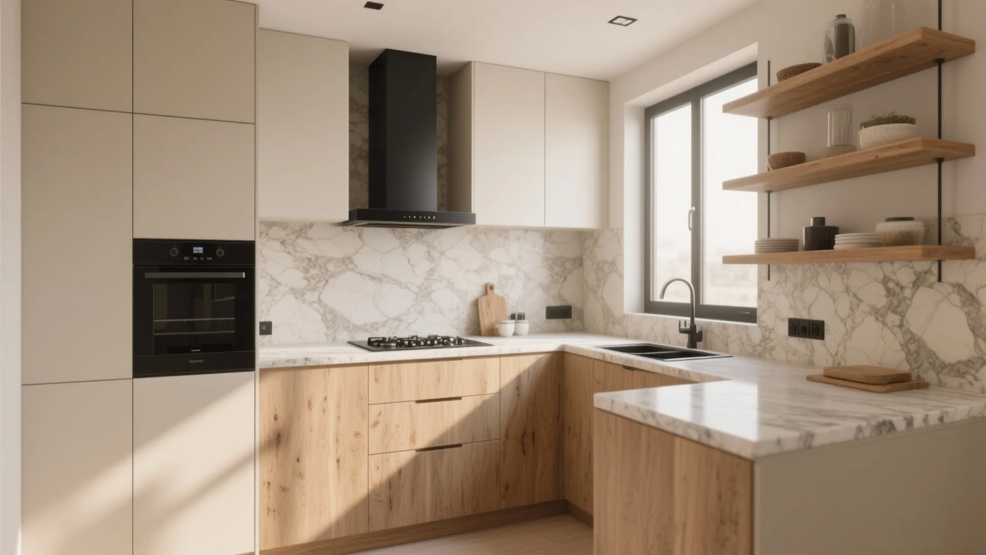 Modern kitchen with wood cabinets marble backsplash white countertops open wooden shelves and black vent hood