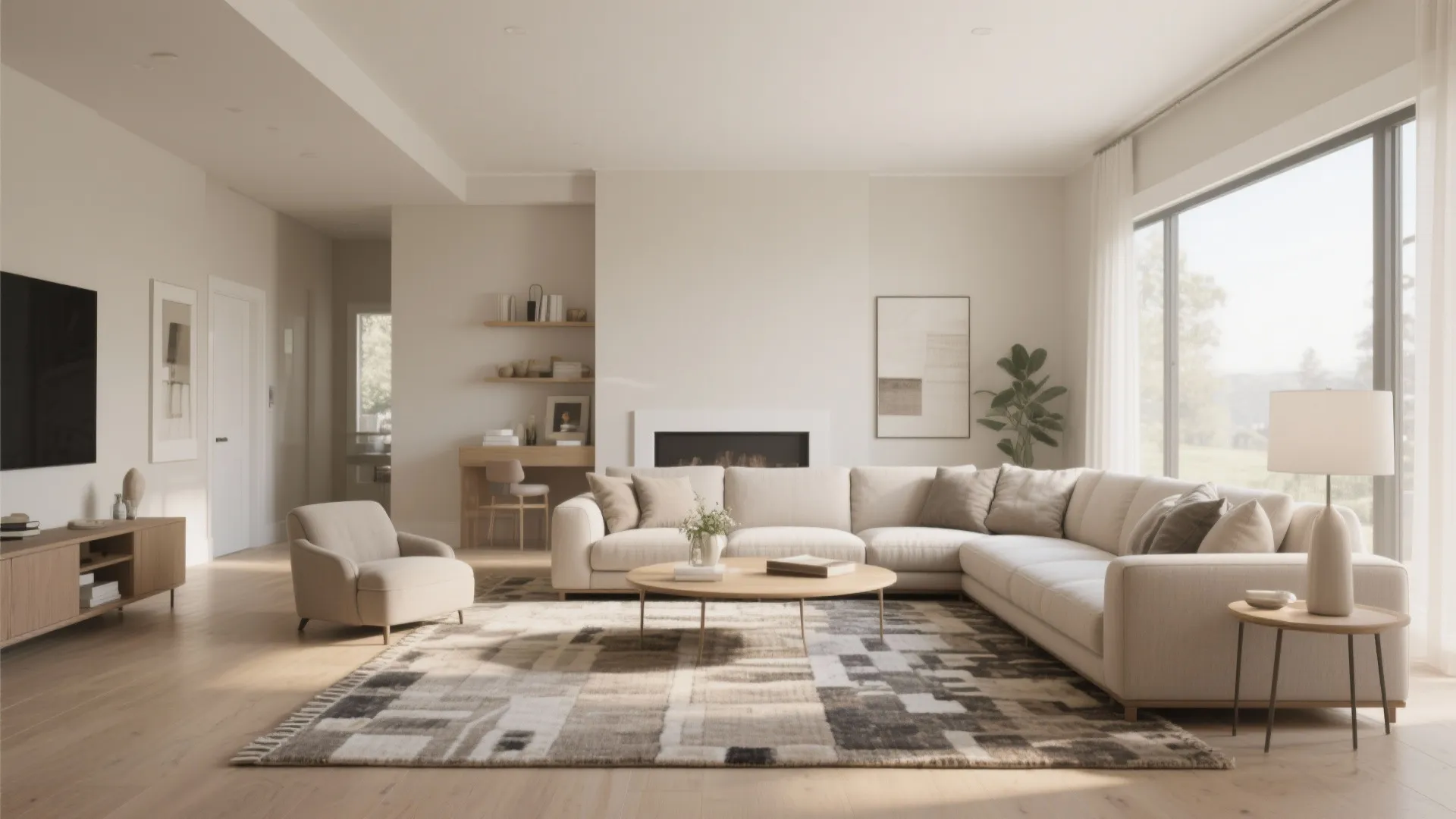 Spacious living room with large beige sectional sofa patterned rug fireplace and large glass windows