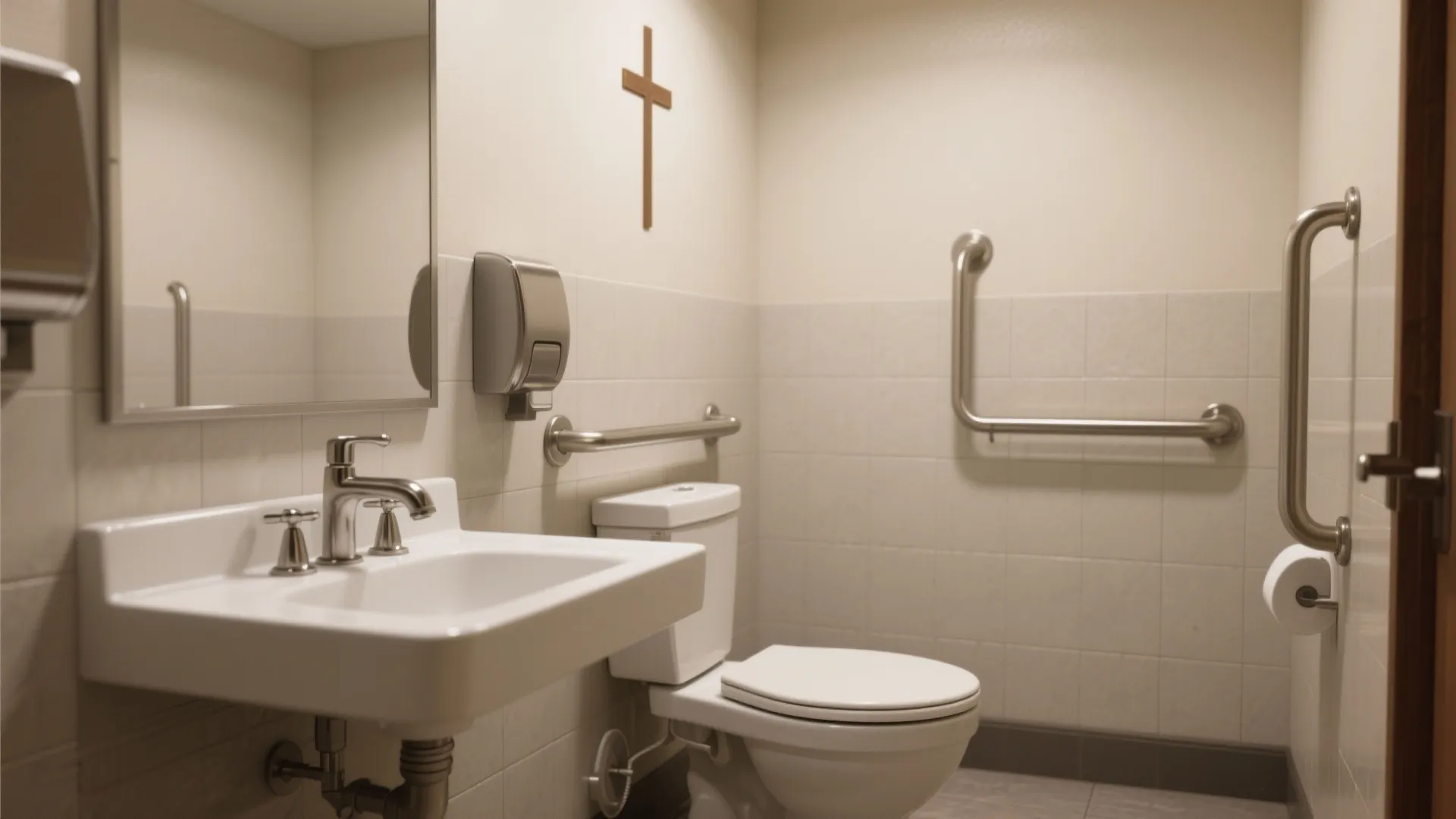 Church bathroom with matching grab bars and faucets