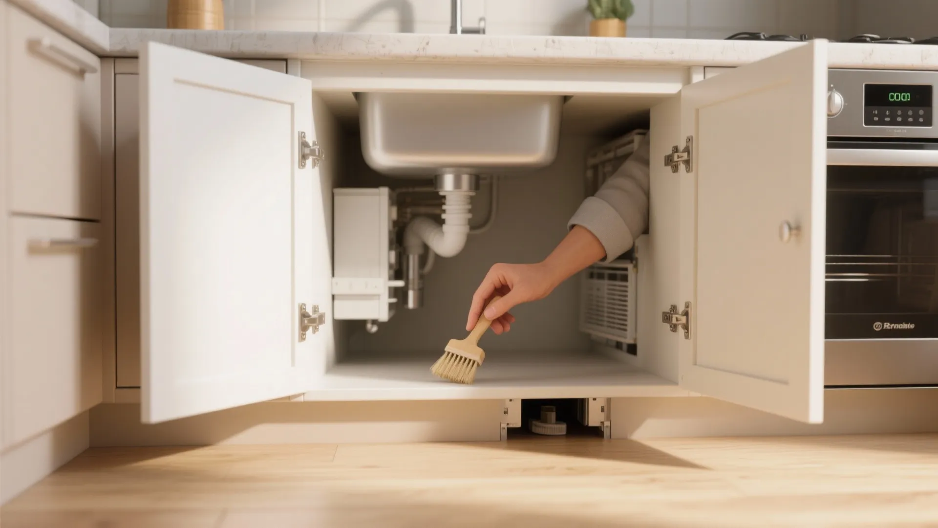 Removable toe-kick panels and access panels under a sink for deep cleaning.