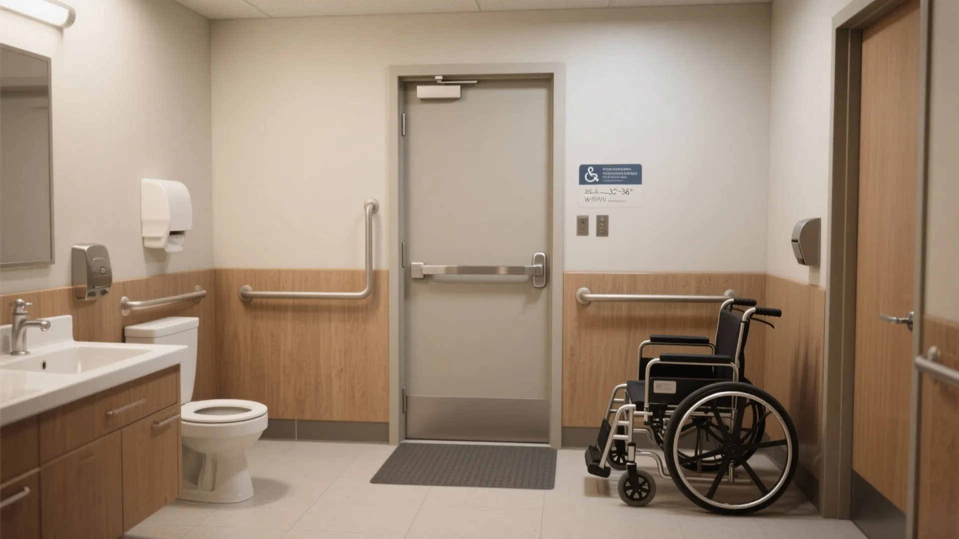 Accessible bathroom with metal grab bars a wheelchair next to the door and white toilet