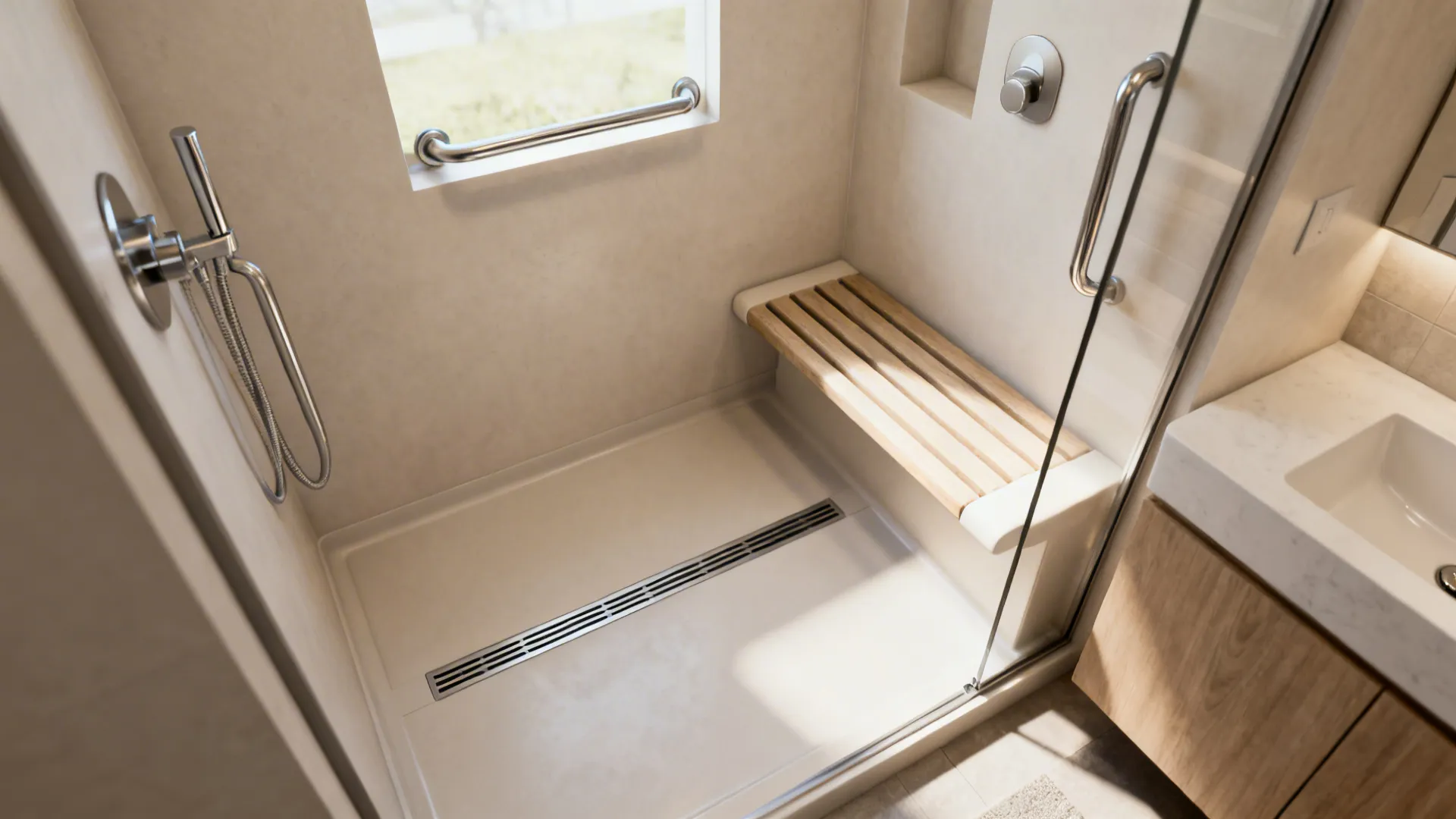 Accessible zero-threshold doorless shower with bench and linear drain in a compact bathroom.