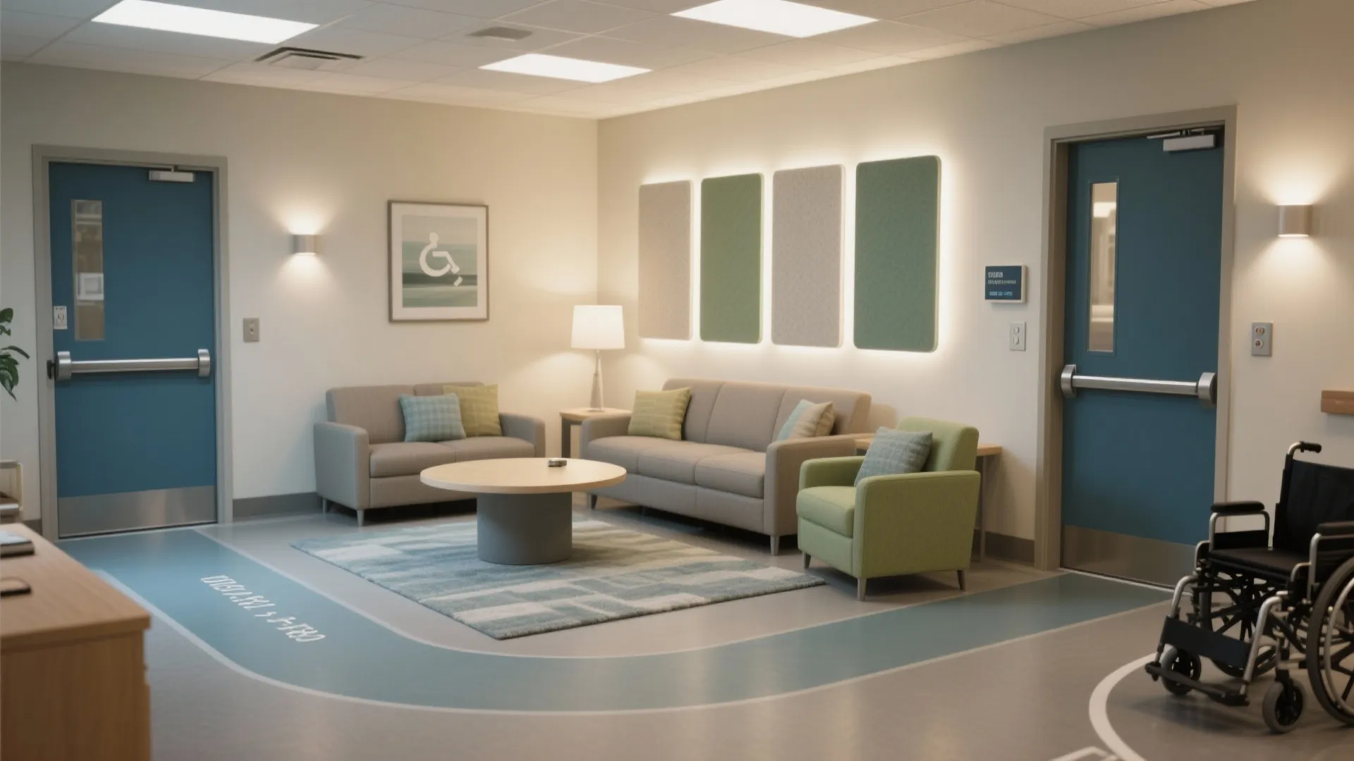Modern medical waiting room with sofas blue doors and wheelchair for senior living interior design