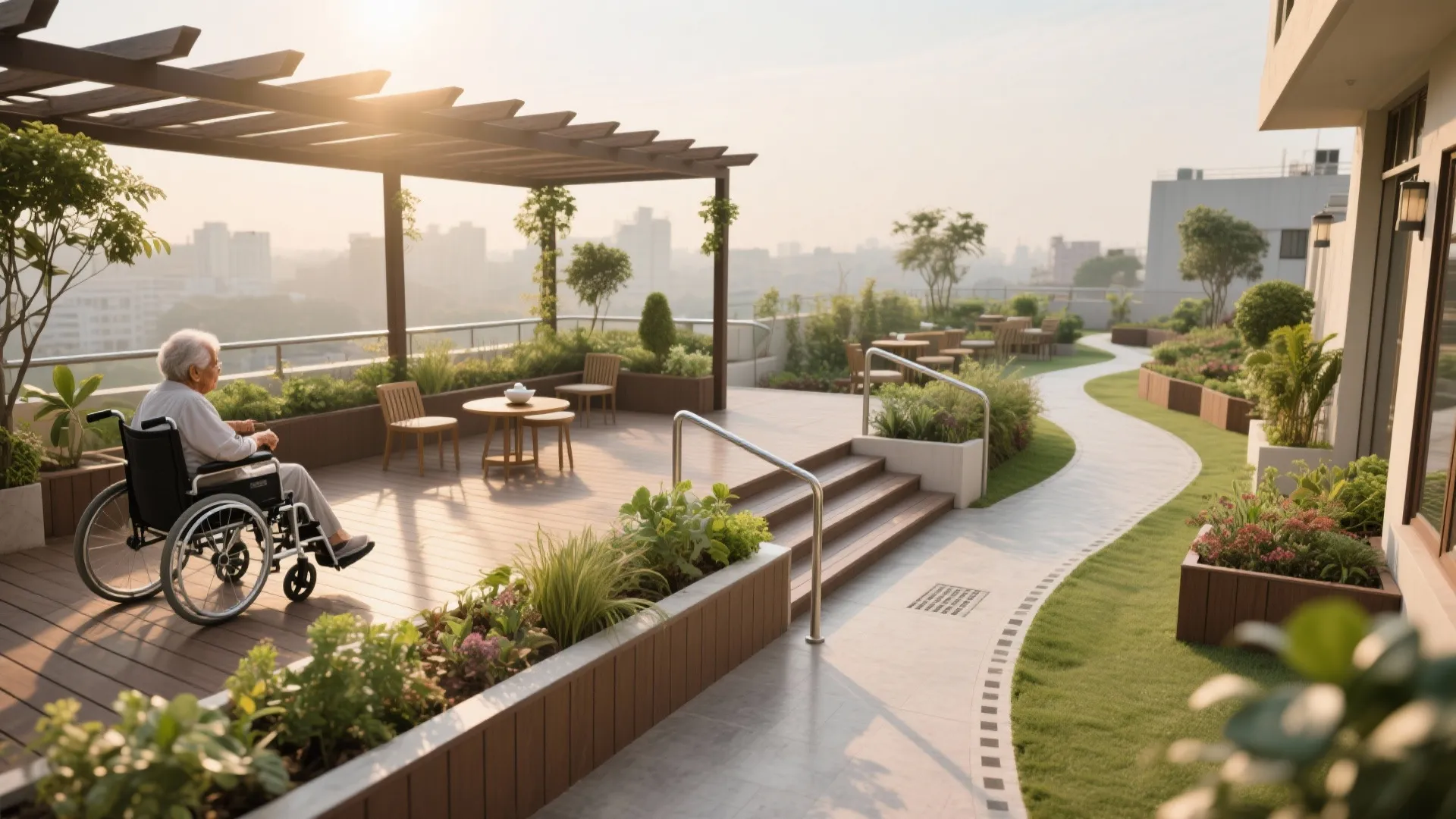 Elderly person in wheelchair on roof garden with wooden deck plants sunlight and city view