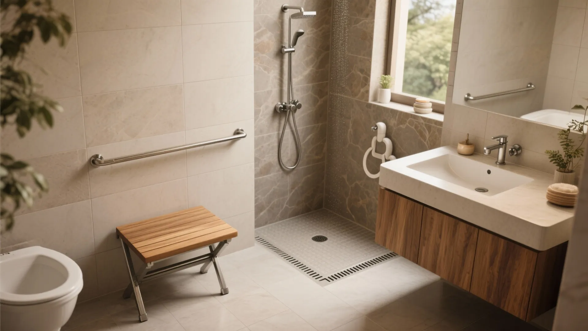 Modern accessible bathroom design with grab bars wooden shower seat sink and grey tiled walls