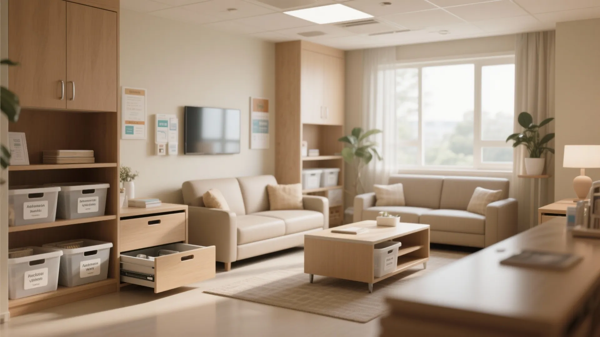Living room with wood cabinet storage boxes open drawer two sofas and a coffee table